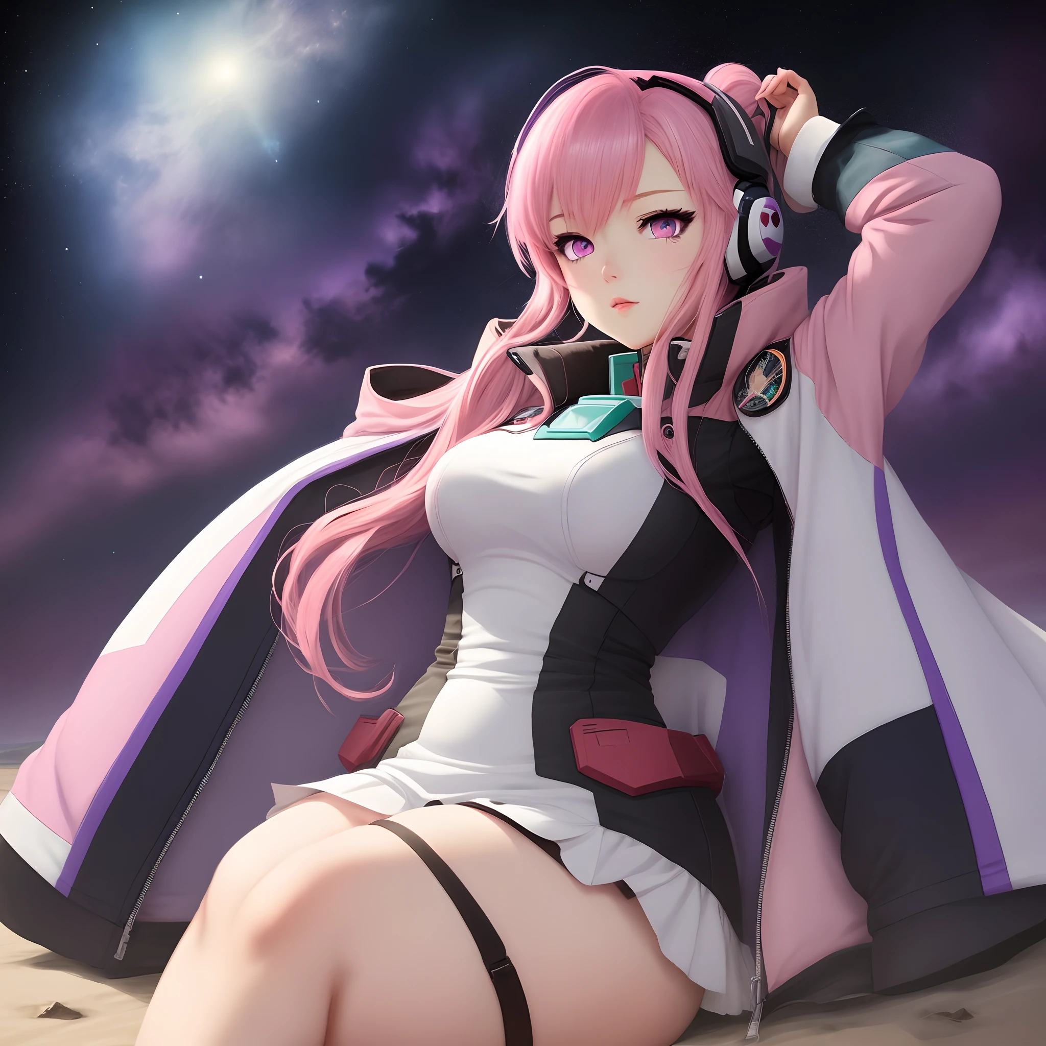 Pink hair, violet eyes, anime girl, thic, gundam pilot, stary, badas