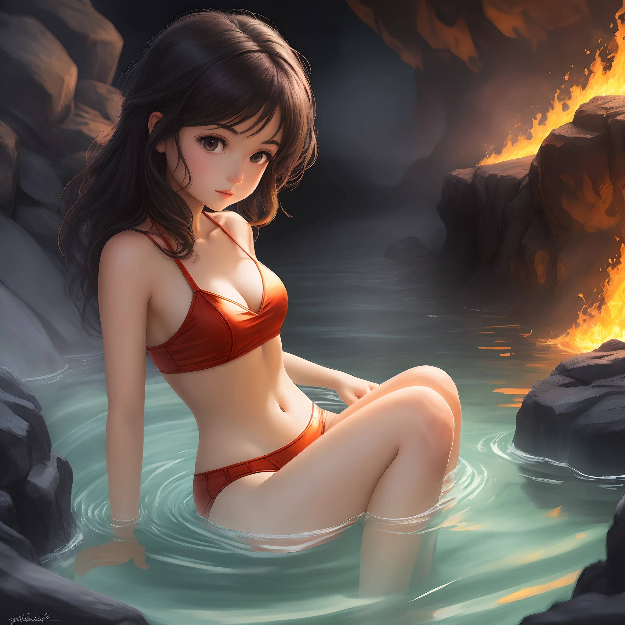 Draw a girl bathing in lava