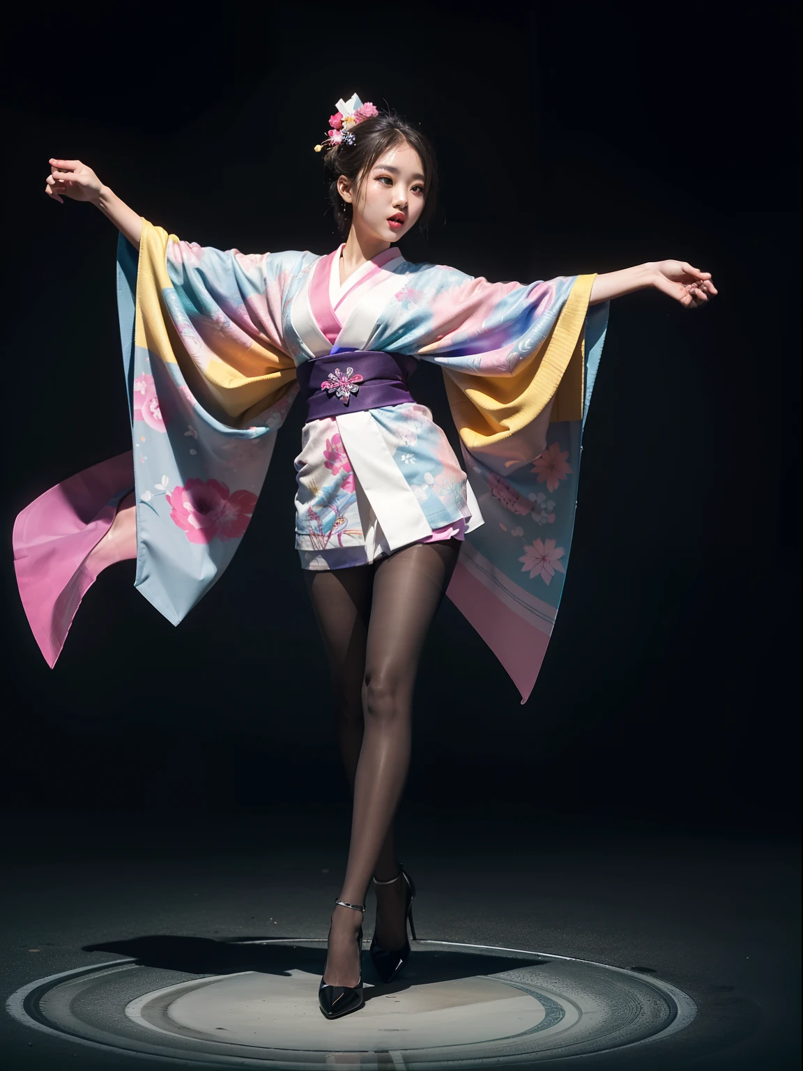 (full body:1.5),(looking at viewer:1.4),(anatomy correct:1.3), (Wearing Pantyhose, pointed toe high-heeled, and Printed kimono:1.2), Dancing in the water:1.2),(In pink|amarelo|blue colors|green color|red colour|white colors|black in color|purpleish color|greys|Beige|Flesh color 1.4),(Accurate and perfect face:1.4),A shallow laugh,,hyper HD, Ray traching, reflective light,structurally correct, Award-Awarded, high detal, lightand shade contrast, Face lighting,cinmatic lighting, tmasterpiece, super detailing, high high quality, high detal, best qualityer, 16k,high contrast,