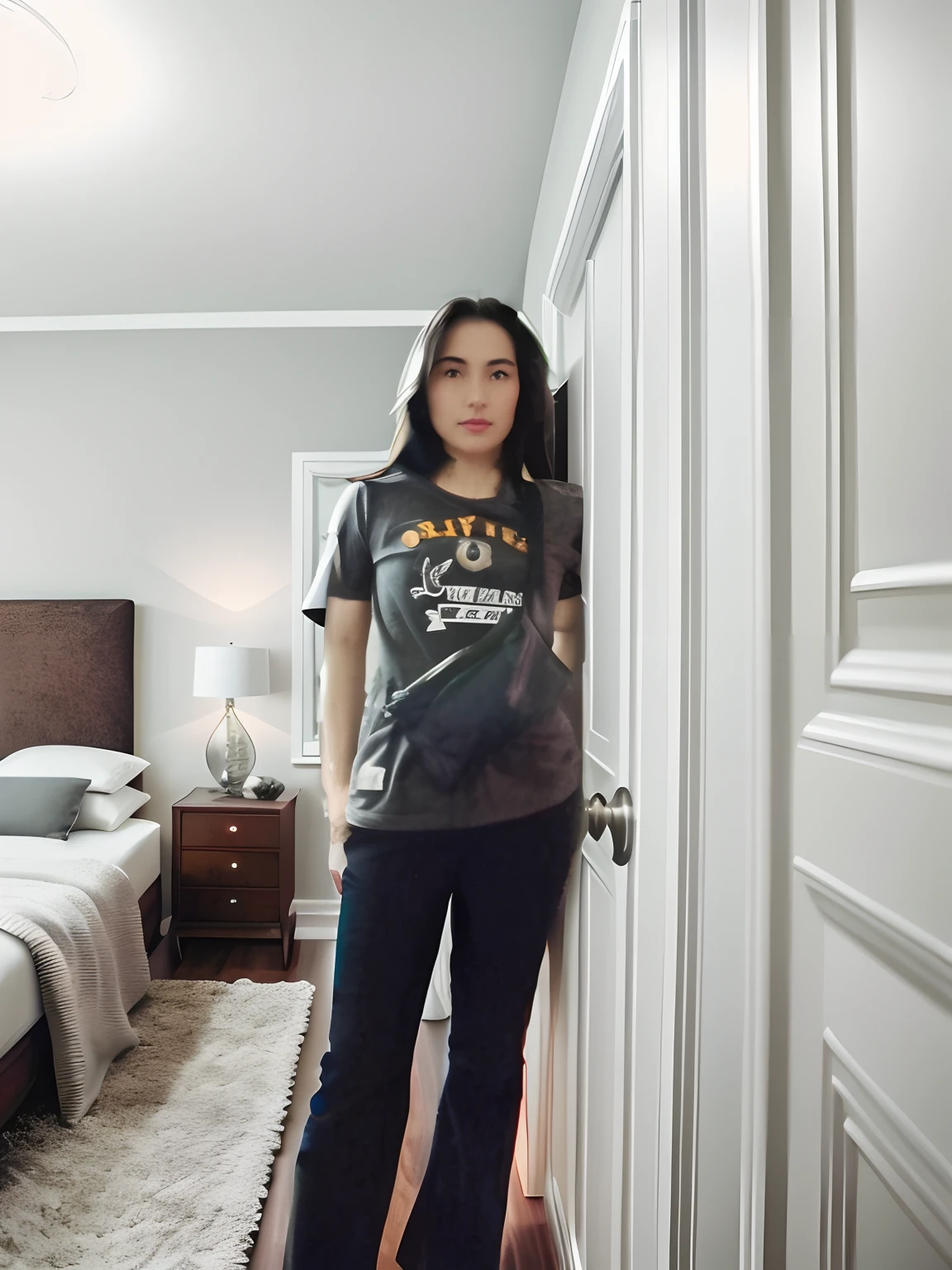 Woman standing in a luxurious bedroom, High-tech computing, Pose in the bedroom, Stand in the corner of the room...., In her room....,.,., Grey T-shirt, black pants, taken with canon eos 5 d, Shot with Canon EOS 5D, 8k, Her wardrobe is interesting...., taken with canon eos 5 d, Leaning on a modest flap, 10, master-piece, sharp, lifelike, 10, Light from warm colors in the room, Sharp Sheed