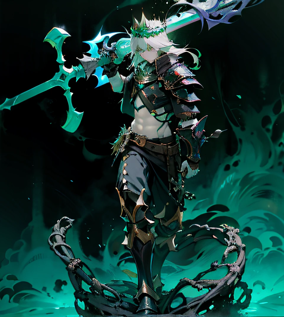 A man with a sword, chaos · nightmare resin, 《league of legend》Foyego, King of Ruins, King armor,Green crown,Long gray hair,Armoured gloves,Black fog surrounds