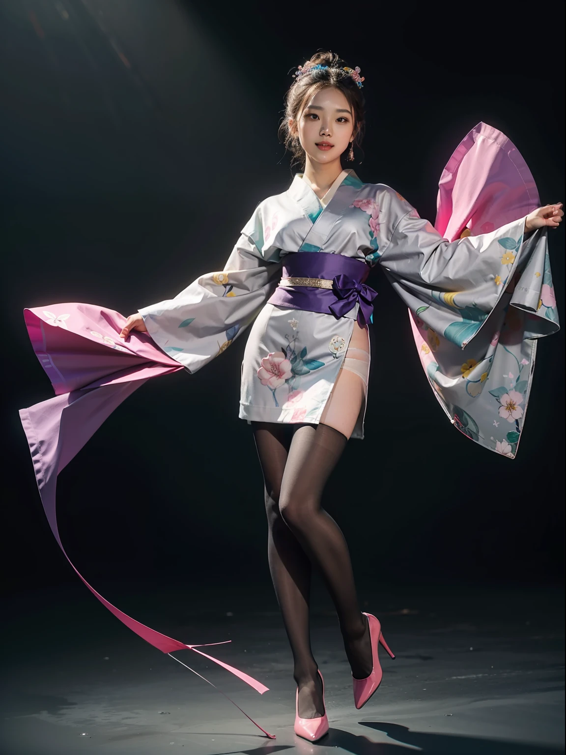 (full body:1.5)，(looking at viewer:1.4)，(anatomy correct:1.3)， (Wearing Pantyhose, pointed toe high-heeled, and Printed kimono:1.2), Dancing in the water:1.2),(In pink|amarelo|blue colors|green color|red colour|white colors|black in color|purpleish color|greys|Beige|Flesh color 1.4)，(Accurate and perfect face:1.4),A shallow laugh,,hyper HD, Ray traching, reflective light，structurally correct, Award-Awarded, high detal, lightand shade contrast, Face lighting，cinmatic lighting, tmasterpiece, super detailing, high high quality, high detal, best qualityer, 16k，high contrast,