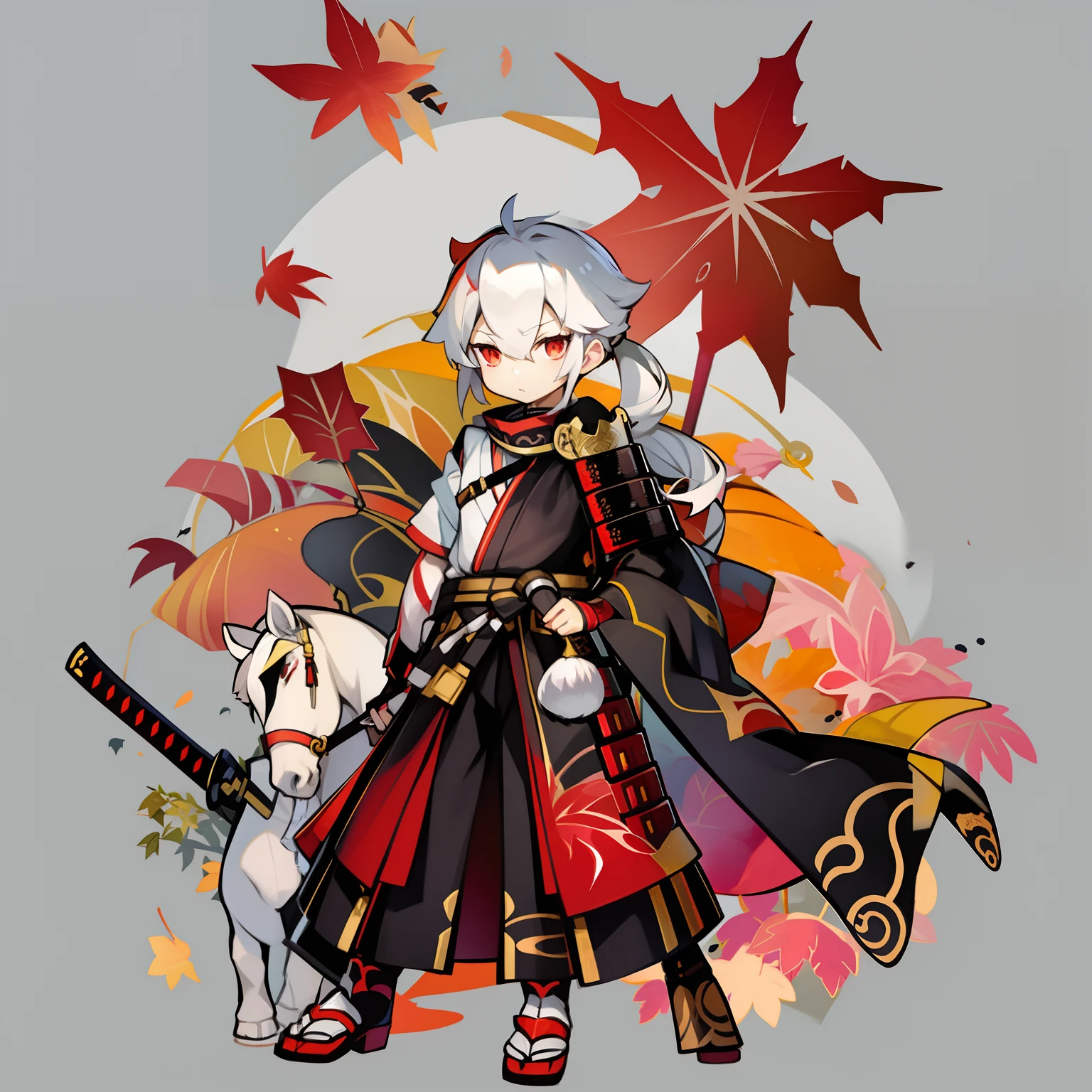 tmasterpiece, best qualityer, Maple plains and leaves, malefocus, 1boy, 独奏, red eyes, By bangs, Japanese clothes, Striped hair, red hair, hair between eye, arma, The sword, armour, japanese armor, White hair, WeChat, pony tails, exteriors, nipple tassels(greybackground:1.4),(kbxll:0.6)