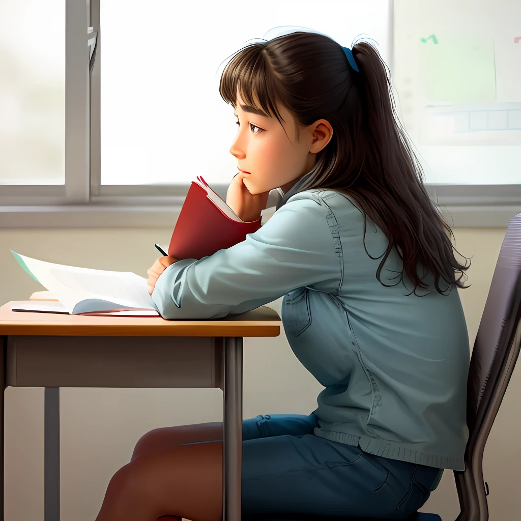 Side face of a girl sitting on a desk studying math seriously