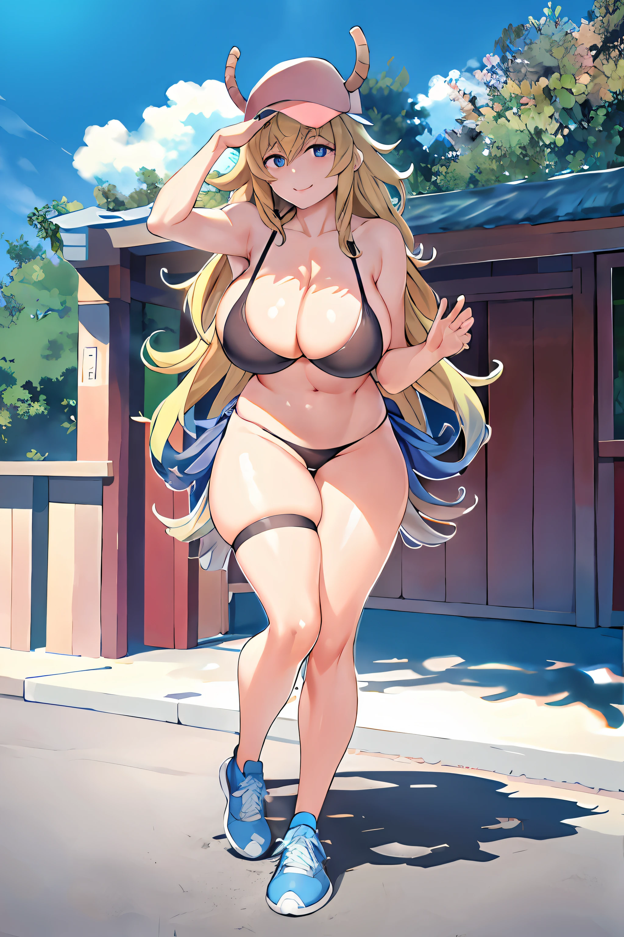 Casual Cap, The bikini, thighs thighs thighs thighs, Best Quality, masutepiece, 超A high resolution, 1girl in, Full body、Top image quality、8K、outside of house