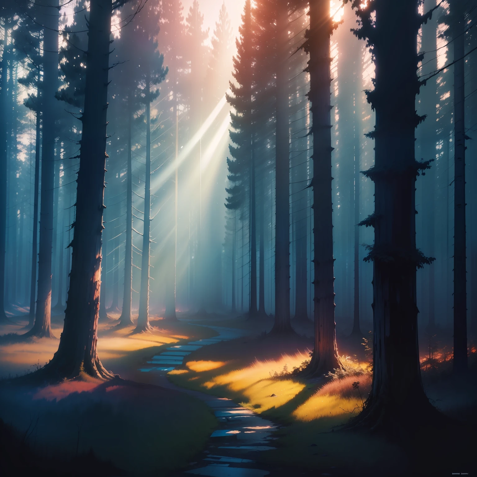 blue sunset, god rays ,forest,highly detailed colors, watercolour, abstract painting by Beksinski, part of Adrian Ghenie and Gerhard Richter, masterpiece,8k high resolution, ultra render cinematic--3:2—