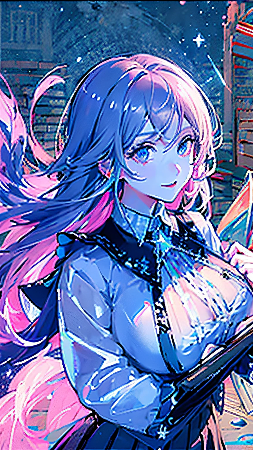(Highest picture quality),(Master's decoration), (((1girll)))Solo,cabelos preto e longos,red color eyes, (There are smiles),Best quality,finedetail,Masterpiece, (Magic Book:1.4),(Ultra-detailed),(Detailed eye description:1.2),(Floating colorful wind:1.4),(Tarot border:1.4),(Close-up:1.2),(Looks to the side:1.3),(chaotic geometric images:1.3),(nagative space:0.8),(Drawing board:1.3),(Huge crystal ball and stars behind :1.5),(ether colorful ink flowing:1.3),((Library book sprite background:1.8)),big top sleeves, ((frilld)), Hair_decorations,blueribbon, neck bowtie, macarons, (((Middle breast))),(White pleated skirt:1.2), ((Sharp focus)), ((Masterpiece)), (((Best quality))), ((Extreme tail)), Colorful, hdr, Black hair,((Magus)),(Upper body:1.5),(Face the audience:1.5)