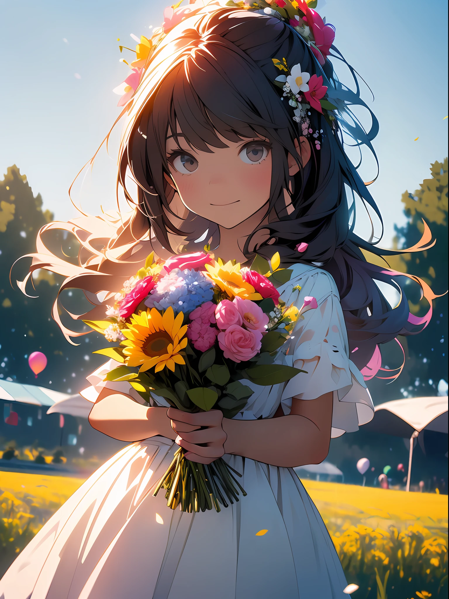 A girl holding flowers, colorful balloons floating in the sky, meadow, dancing, holding flowers, happy, happy, perfect quality, clear focus (clutter-home: 0.8), (masterpiece: 1.2) (Realistic: 1.2) (Bokeh) (Best quality) (Detailed skin: 1.3) (Intricate details) (8K) (Detail Eyes) (Sharp Focus), (Happy)
