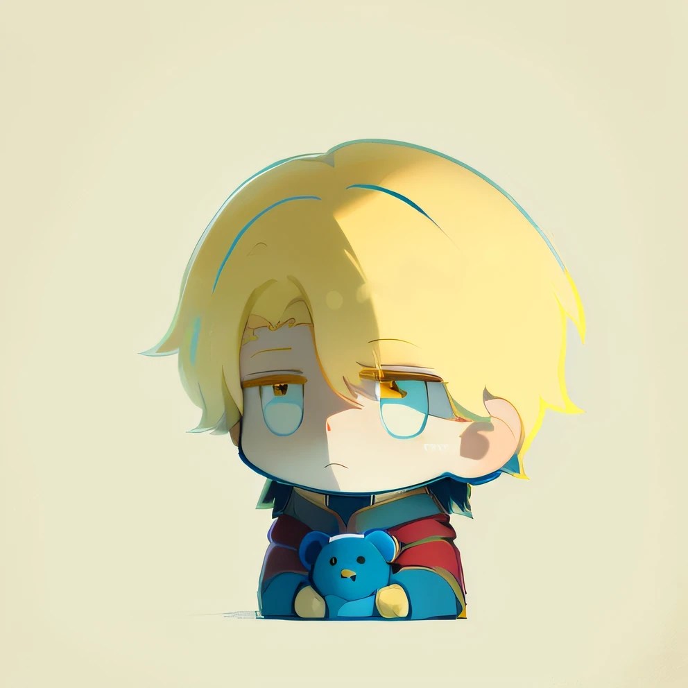 Anime boy with teddy bear in his arms, tchibi, he is sad, giga chad crying, [[[[grinning evily]]]], Very sad, tired and haunted expression, tired haunted expression, avatar with a blond hair, Also, with a sad expression, author：Master of Han Chinese, blond boy, he has a devastated expression