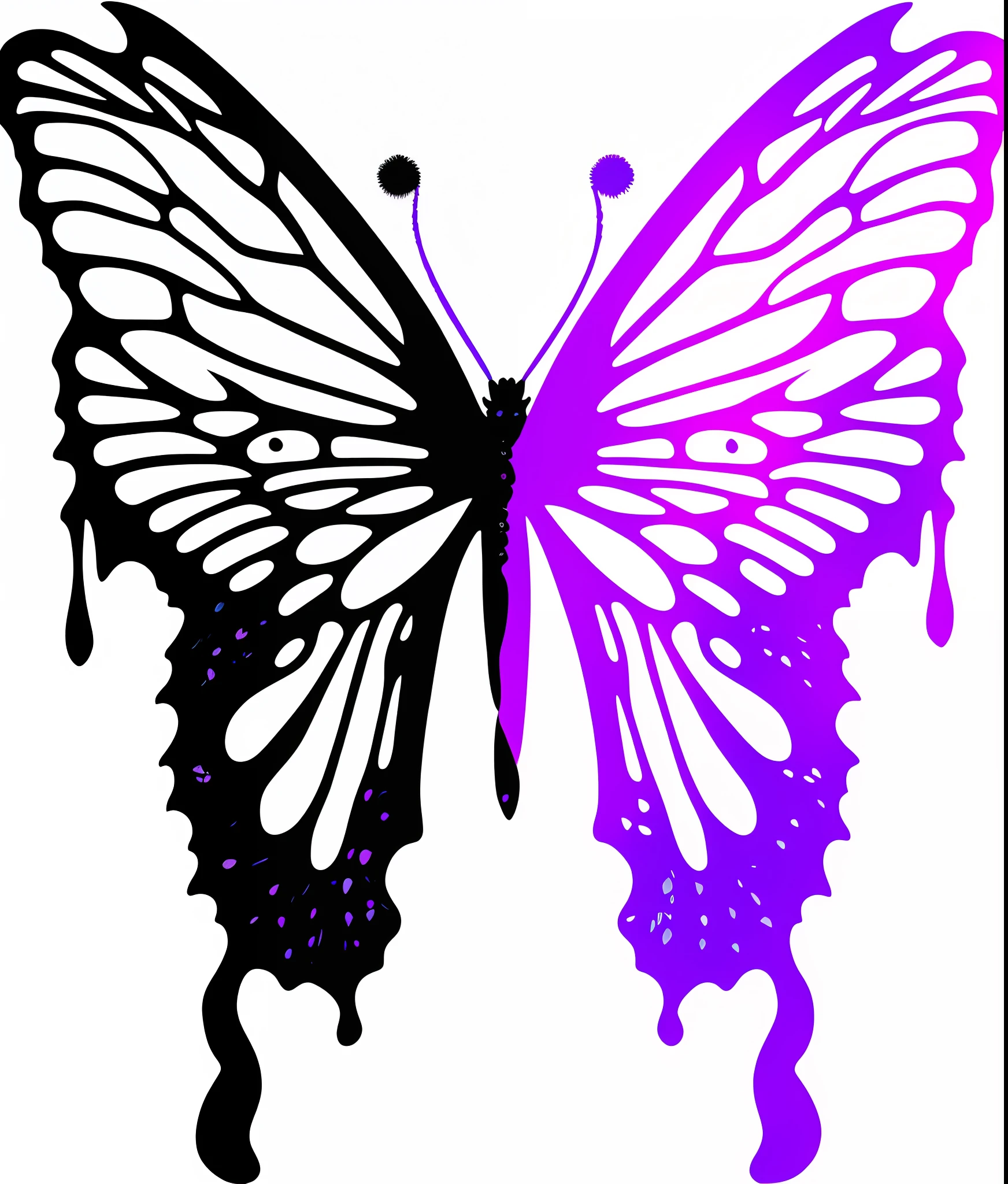 Purple butterfly with black background, purple shattered paint, Butterfly wings, Butterfly, purple shattered paint!, half woman, Half butterfly, butterfly pop art, some purple, Black and purple, stained glass wings, roxo e preto, drawn in microsoft paint, tattered wings, made of liquid purple metal, background is purple, full scene shot, Neon wings, purple liquid