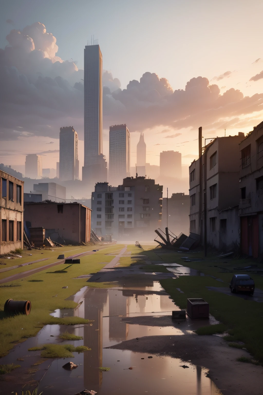 High quality masterpiece ,scenecy,2D plane,Dilapidated buildings,muddy ground,Dimly lit weather,Broken tall buildings in the distance,Countless abandoned factory buildings in the distance,Scenes, game scenes, Detailed landscapes ,Detail enhancement。