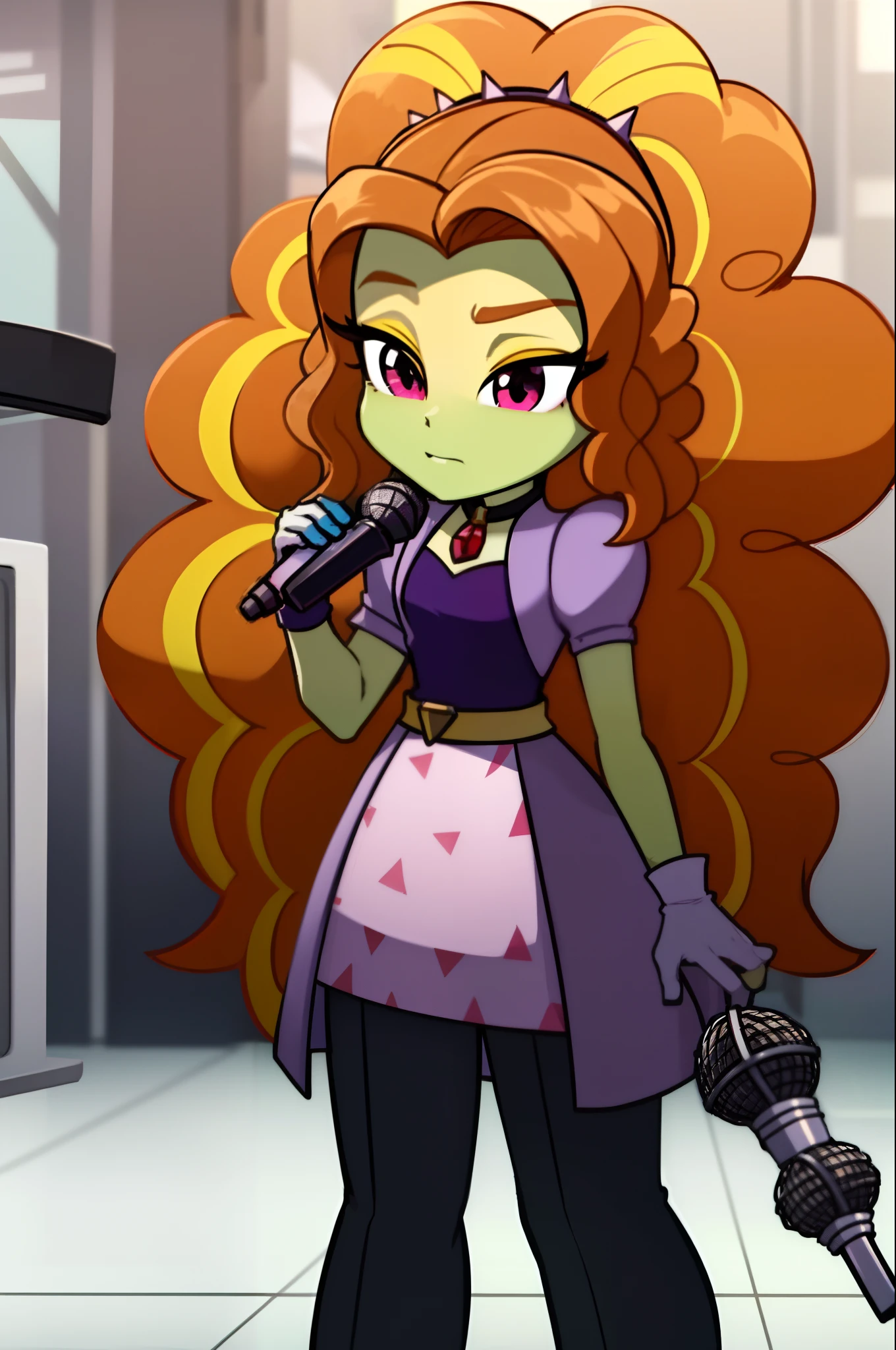 "Create a masterpiece featuring Adagio Dazzle, confidently holding a microphone, standing near powerful speakers, with a single female figure performing a solo."