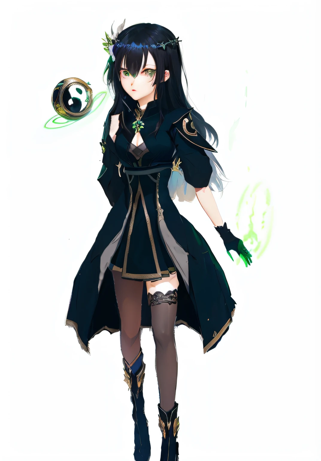 Anime girl with black hair and green eyes holding green object, black-haired mage, Human :: sorceress woman, full-body xianxia, arcane art style, inspired by Jin Homura, Mago da Terra Feminino, female mage!, /!\ sorceress woman, anime in fantasy style, Anime girl wearing black dress, epic mage girl character