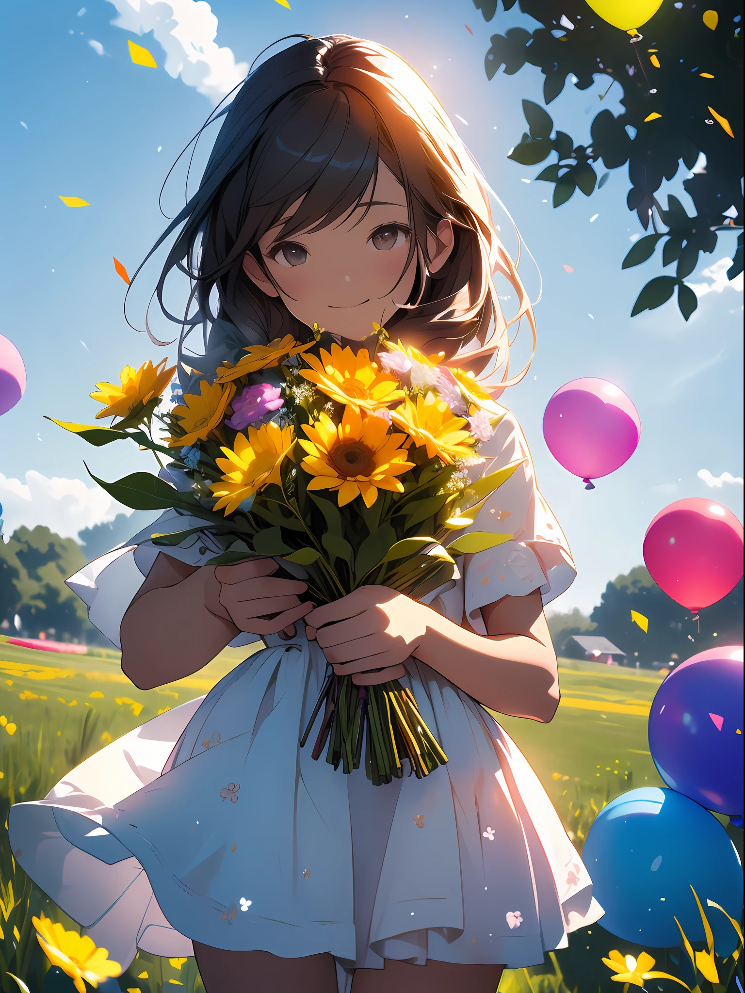 A girl holding flowers, colorful balloons floating in the sky, meadow, dancing, holding flowers, happy, happy, perfect quality, clear focus (clutter-home: 0.8), (masterpiece: 1.2) (Realistic: 1.2) (Bokeh) (Best quality) (Detailed skin: 1.3) (Intricate details) (8K) (Detail Eyes) (Sharp Focus), (Happy)