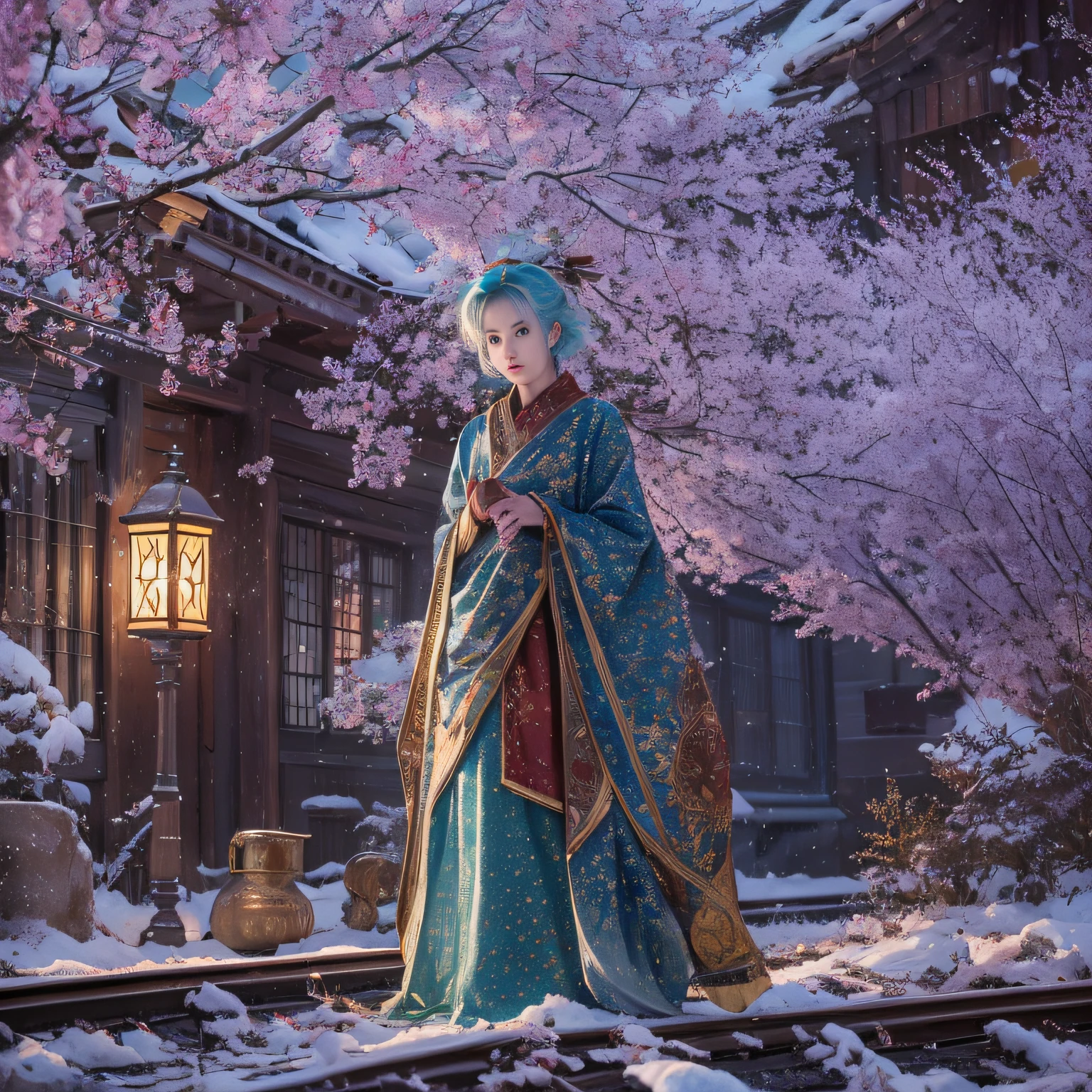 16k（tmasterpiece，k hd，hyper HD，16k）short detailed hair，Vintage train sleeper area，yukito ，Two Golden Dragon Protectors （realisticlying：1.4），Python robe，Purple apron，Snowflakes fluttering，The background is pure， A high resolution， the detail， RAW photogr， Sharp Re， Nikon D850 Film Stock Photo by Jefferies Lee 4 Kodak Portra 400 Camera F1.6 shots, Rich colors, ultra-realistic vivid textures, Dramatic lighting, Unreal Engine Art Station Trend, cinestir 800，