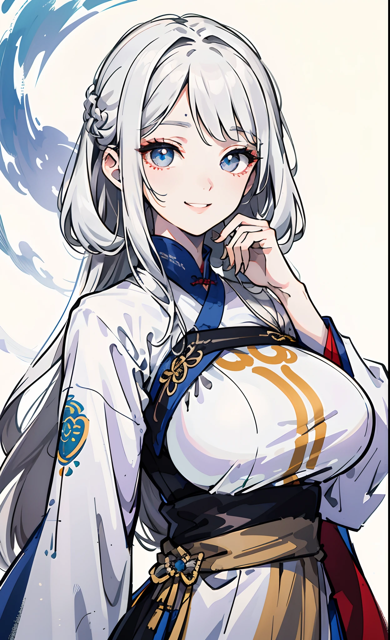 tmasterpiece，best qualtiy，offcial art，8k wallpaper，The is very detailed，illustratio，1个Giant Breast Girl，silvery white hair，long whitr hair，Detailed eyes，Gorgeous Hanfu，pure，softl smile，Gangnam