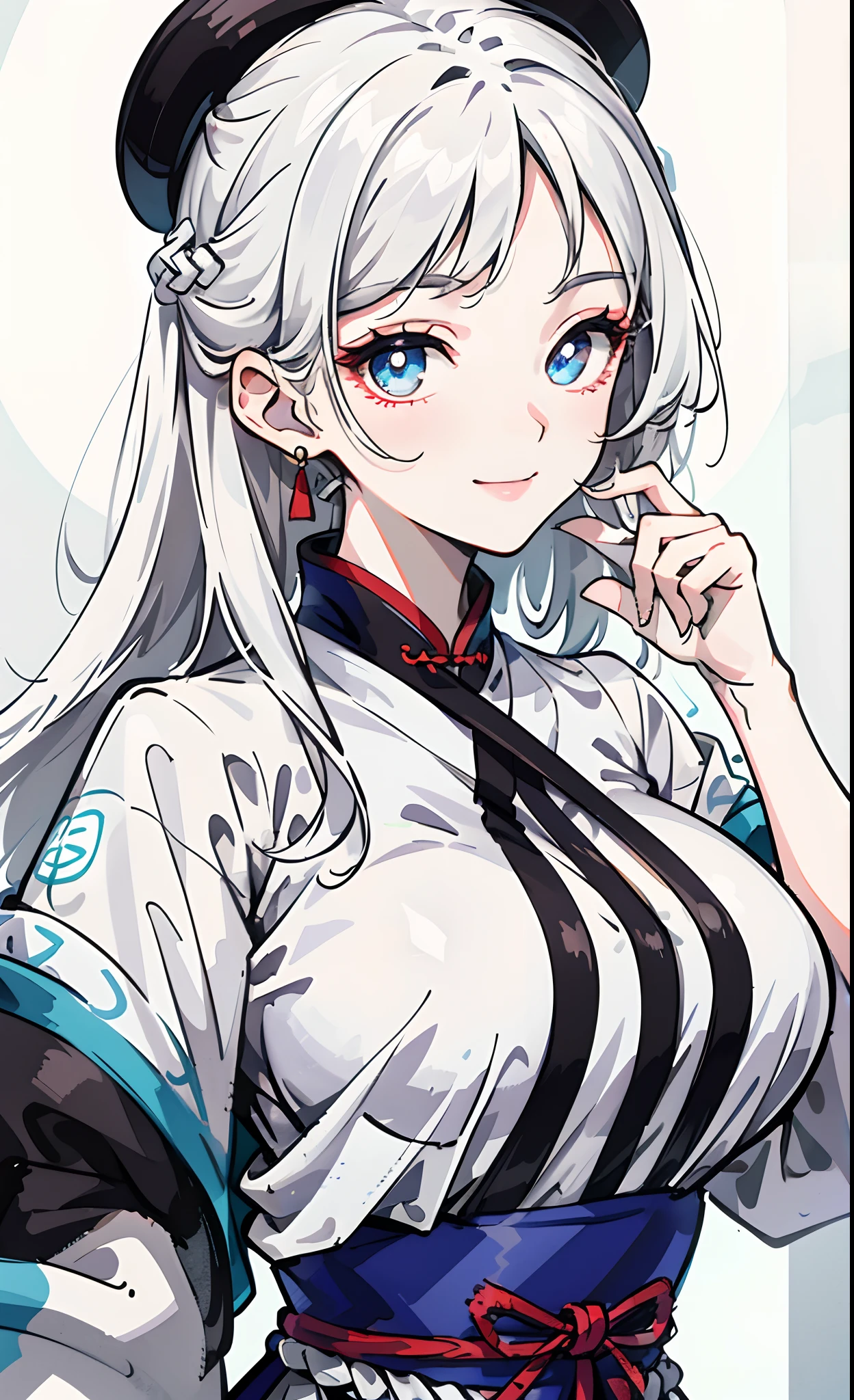 tmasterpiece,best qualtiy,offcial art,8k wallpaper,The is very detailed,illustratio,1个Giant Breast Girl,silvery white hair,long whitr hair,Detailed eyes,Gorgeous Hanfu,pure,softl smile,Gangnam