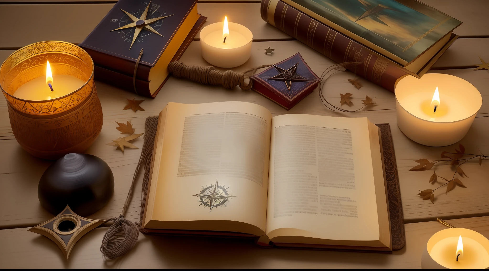 candles and a book on a table with a compass on it, grimoire page, open magic book glowing, spell book, magic book, Home Wicca Scene, grimoire, spell casting wizard, spell casting, Spells and magical weapons, with book of science, tarot card enviroment, Wicca, Reflexo da lente. Fotorrealismo oculto