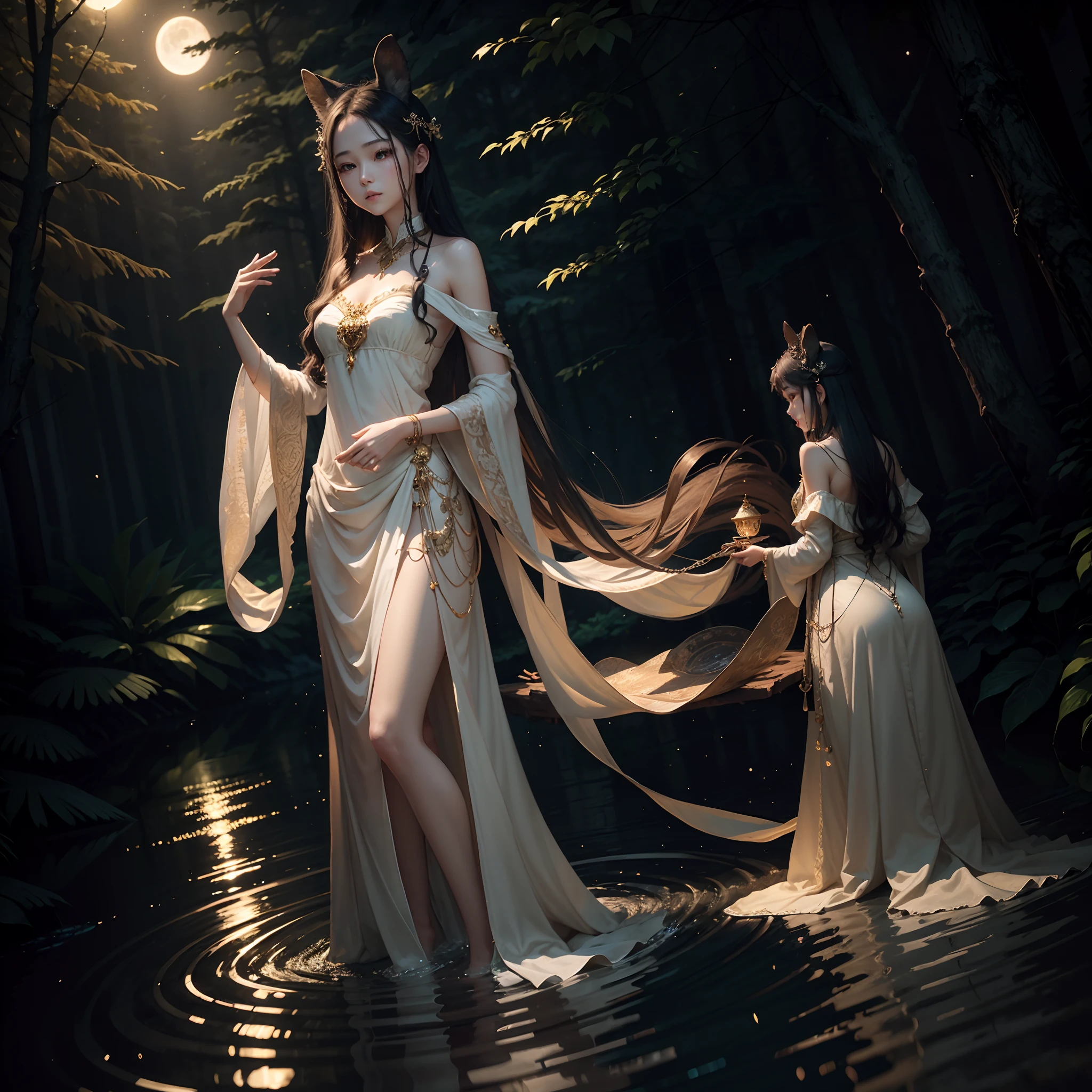 the night，moon full，the woods，treetop，fawn，water，Sparkling，one-girl，Beautiful and moving，long whitr hair，Beautiful and exquisite clothes and jewelry。