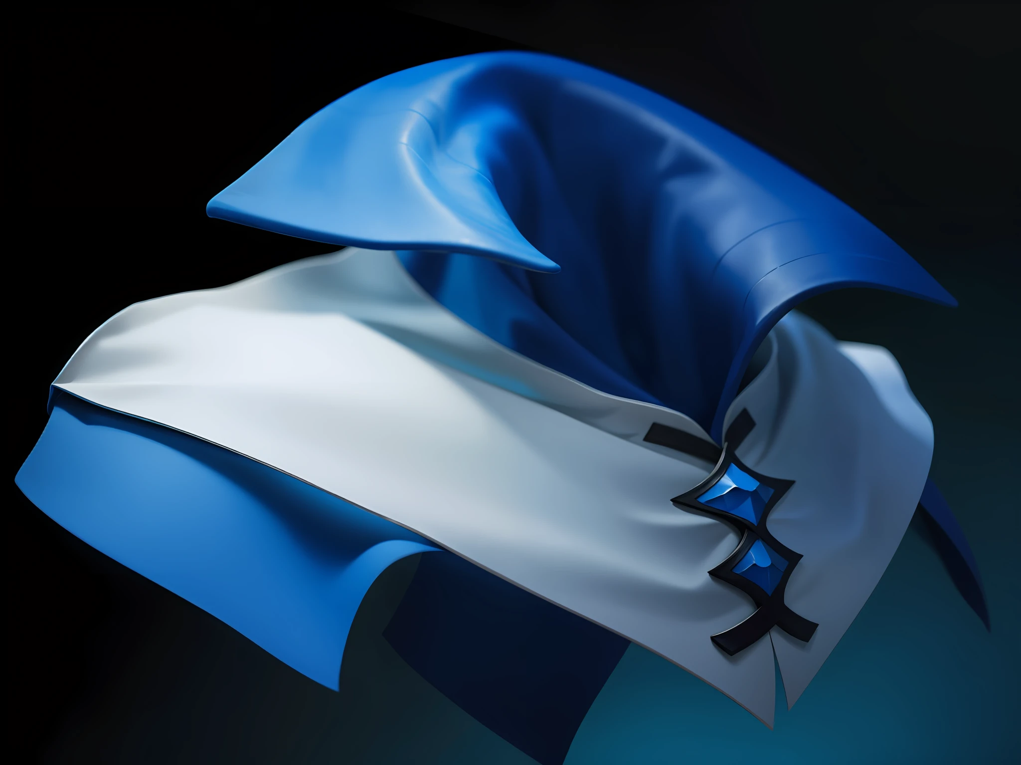 It has a blue and white leather cloak