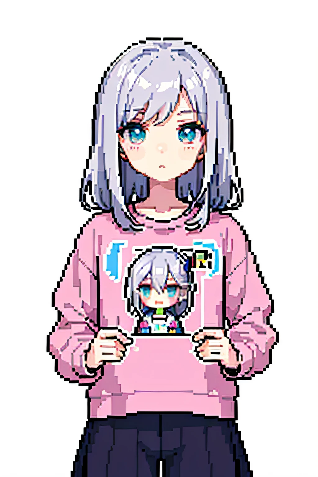 （tmasterpiece，top Quority，best qualtiy），pix，pixelart，1girll，full bodyesbian，Pink and white sweatshirt，Gray hair。