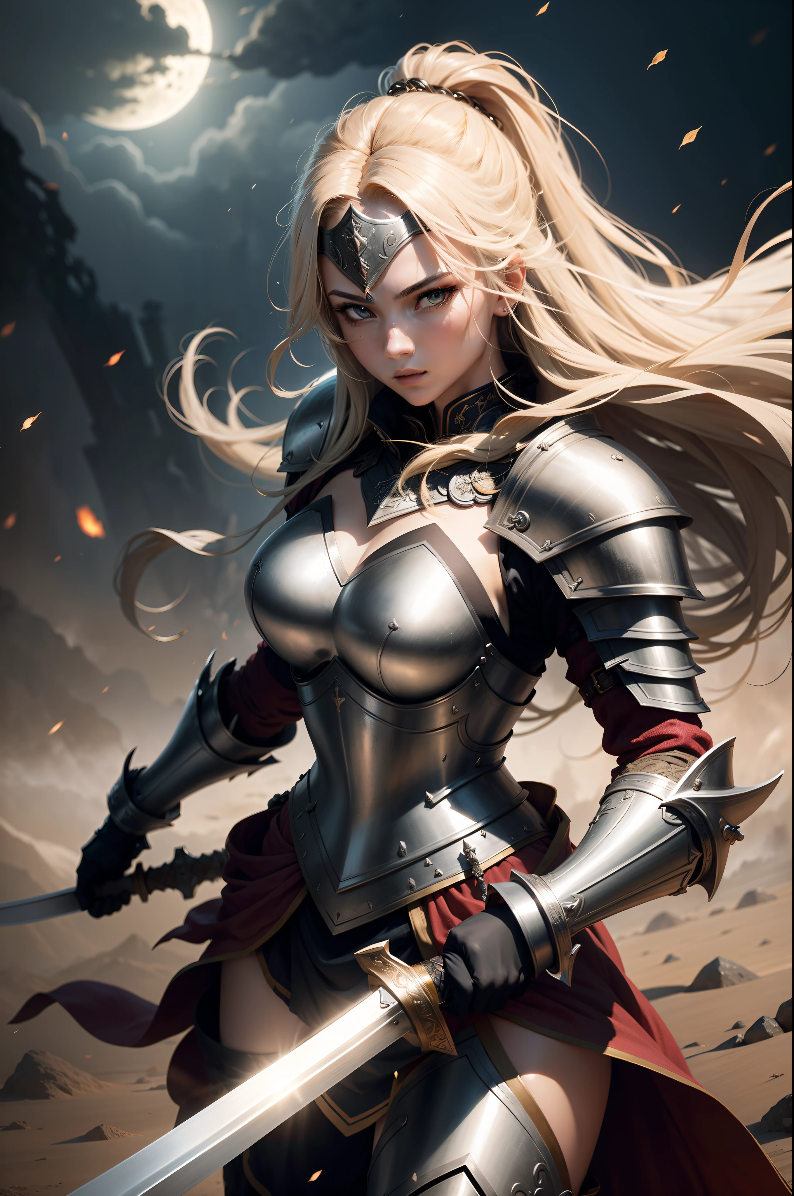 Female warriors in armor hold long swords，k hd，Flare effect，Moonlight shines，Rich in magic atmosphere。