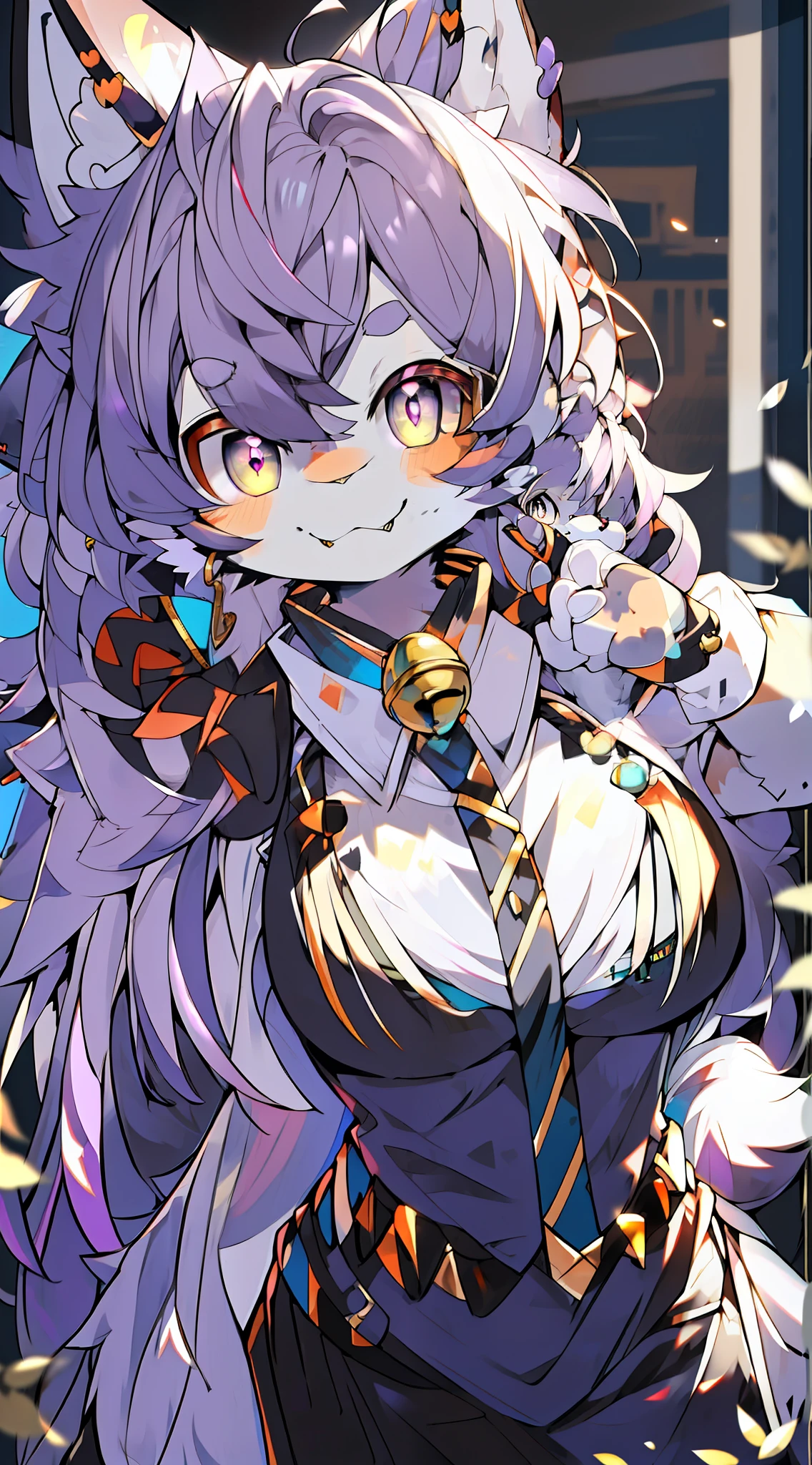 Striped hair, Messy hair, Purple hair, Silver hair, huge ahoge, bell, Heart-shaped pupils, mismatched pupils, Fox ears, Heart earrings, Cat ears, drunk, Seductive smile, High detail, Depth of field, hyper HD, A high resolution, Masterpiece