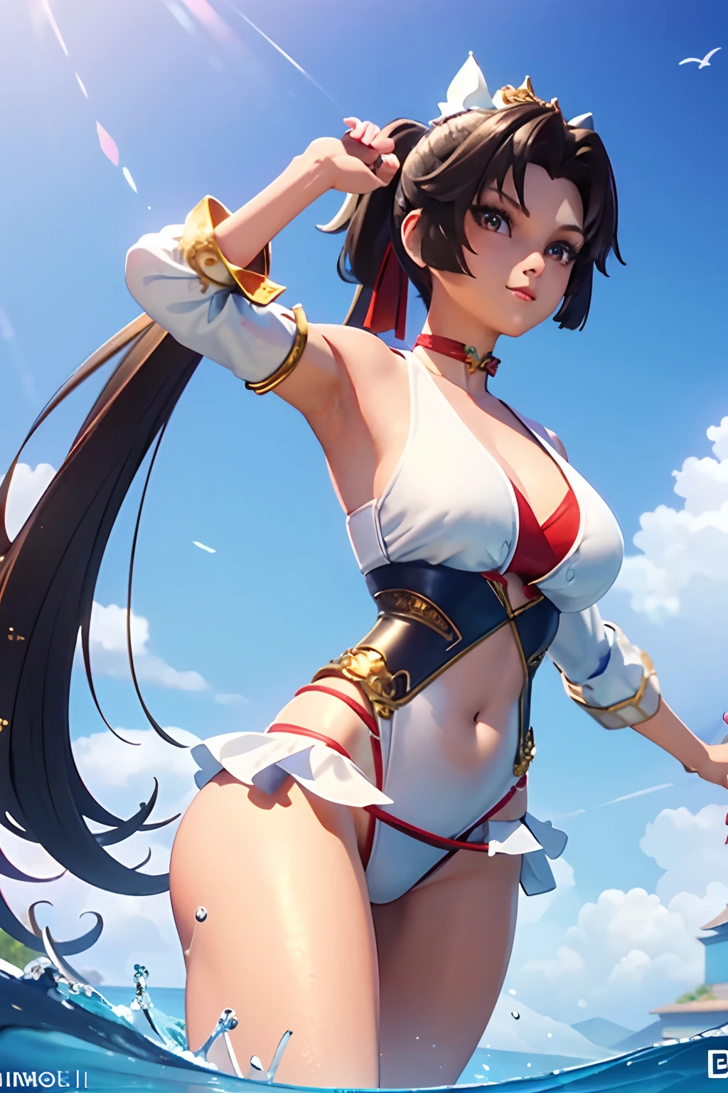 (Masterpiece:1.4), (Masterpiece, Best quality, Daily life in the Cloud Kingdom), {Cinematic lighting}, (illustration:1.5), {Beautiful detailed eyes:1.4}, (hyper intricate fine detail), (Extremely delicate and beautiful woman:1.2),(Delicate and beautiful cute face:1.3),(happily face),(Girl in split bikini swimsuit,Standing on the beach,Watch the audience pose very cutely:1.3),Sunny beach, with blue sky and white clouds,Ripe body,ultra gigantic tits,glowing light eyes,shinny hair, Glossy glossy skin, Solo, pony tails, golden hair accessory,Split bikini , 8K, the wallpaper,