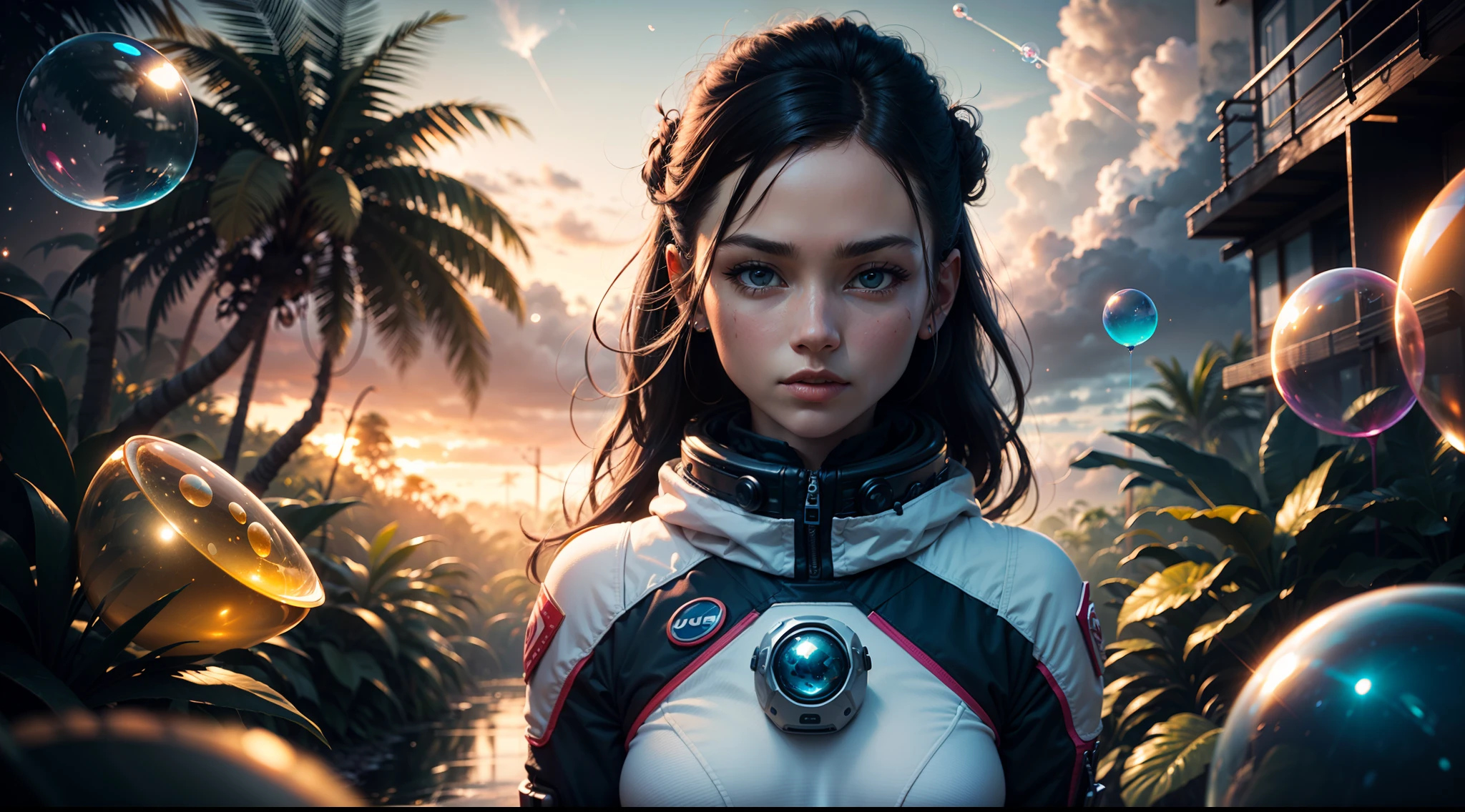hd masterpiece, one standing women space cadet looking at camera, detailed face, mid shot, diamond suite, colorful clouds and neon soap bubbles, jungles background'