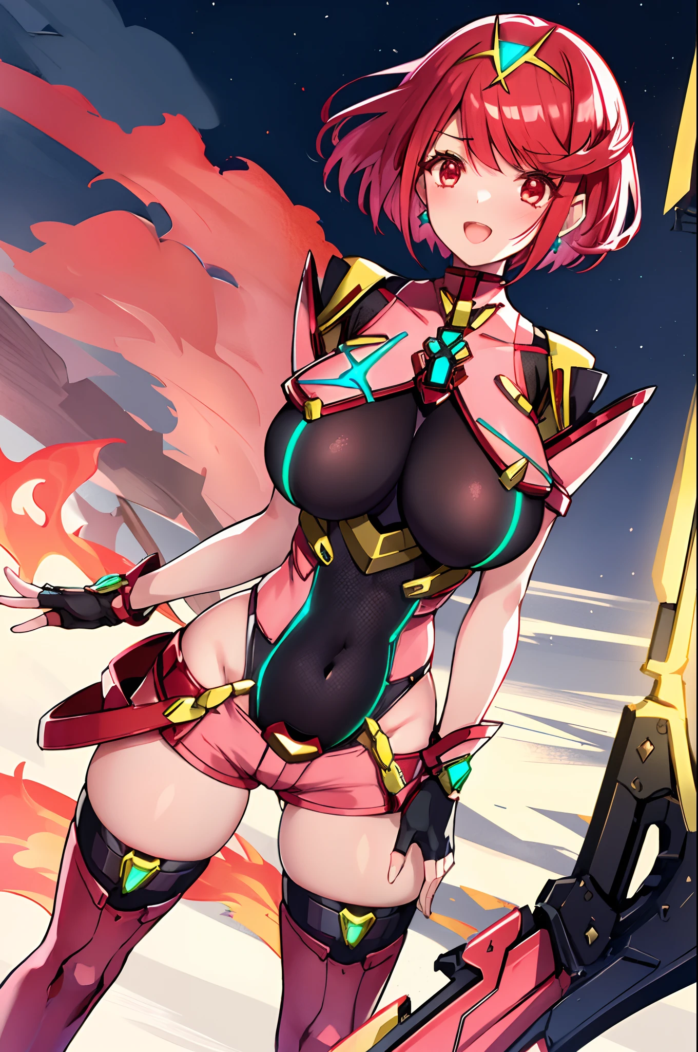 pyra \(xenoblade\), teen_1girl, armor, bangs, black gloves, breasts, red eyes, closed mouth, earrings, eyelashes, fingerless gloves, floating hair, framed breasts, gem, gloves, hair ornament, headpiece, jewelry, big_breasts, leaning back, leotard, neon trim, official art, pose, red hair, red shorts, saitou masatsugu, short hair, short shorts, short sleeves, shorts, sidelocks, skin tight, solo, standing, swept bangs, thighhighs, tiara, night_prairie_background, turtleneck, underbust, vambraces, xenoblade chronicles \(series\), (xenoblade chronicles 2), apart_legs, fire_effect,dynamic_pose_fighting,light_smile, (plump:1.1), big_ass,huge_sword, hold_large_sword_hilt, solo, covered_nipples, covered_pussy,open_mouth,back_view,