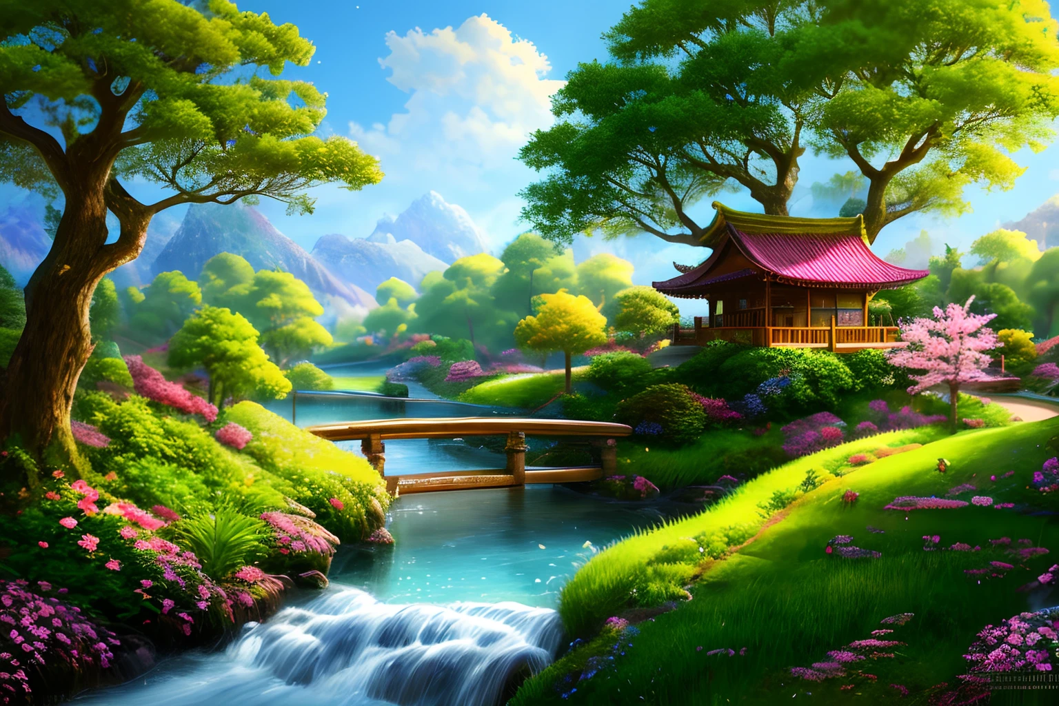 villages，tmasterpiece，Best quality at best，high high quality，extremaly detailed cg，unity，8k wallpaper，An enchanting and dreamy scene of a fantasy forest，towering trees，Glowing mushrooms and hidden fairy canyons，Creates a mysterious and captivating feeling，artstation，digital illustrations，复杂，Uptrend，pastel colour，oil painted，award winning photography，bokeh，depth of fields，HDR，blooms，color difference，真实感，The is very detailed，Artstation trends，CGSociety trends，复杂，high detal，dramatics，Midjourney Art，scenecy，Eau，（Very detailed CG unity 8k wallpaper），most beautiful artwork in the world，Professional majestic oil painting，iintricate，high detal，sharp fokus，dramatics，Realistic painting art，Cinematic lighting，Peach blossom tree, wood bridges,tree house,lawns，super detailing， tmasterpiece， top-quality， hyper HD， 8K， photo-like clarity， physically-based renderingt，tmasterpiece，Best quality at best，high high quality，the Extremely Detailed CG Unity 8K Wallpapers，An enchanting and dreamy scene of a fantasy forest，towering trees，Glowing mushrooms and hidden fairy canyons，Creates a mysterious and captivating feeling，artstation，digital illustrations，复杂，Uptrend，pastel colour，oil painted，award winning photography，bokeh，depth of fields，HDR，blooms，color difference，真实感，The is very detailed，Artstation trends，CGSociety trends，复杂，high detal，dramatics，Midjourney Art