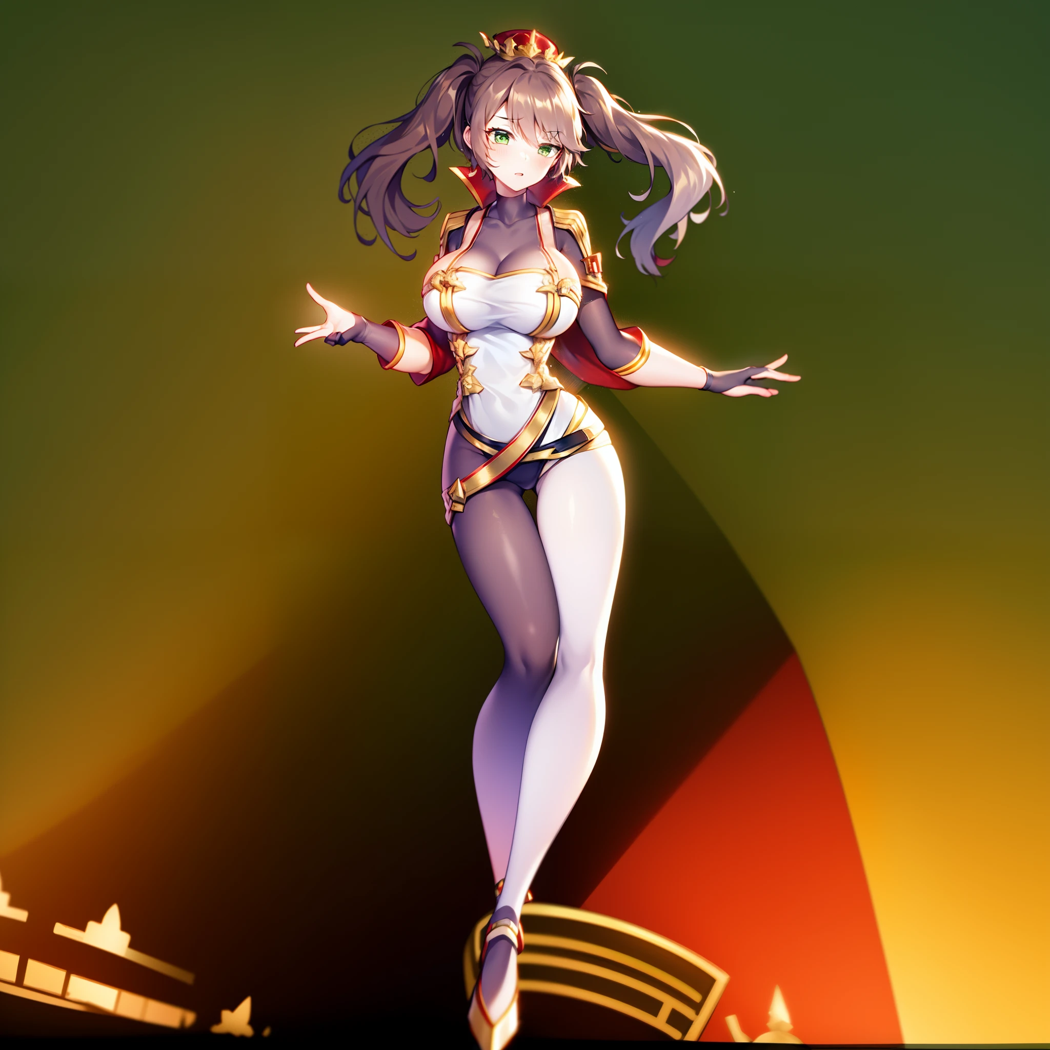 girl, large breasts, brown hair, twintails, long hair, green eyes, crown, white shirt, red and gold sleeves, high detail, sharp image, anime style, full body, asymmetrical legwear, black and white legwear, magic, spell