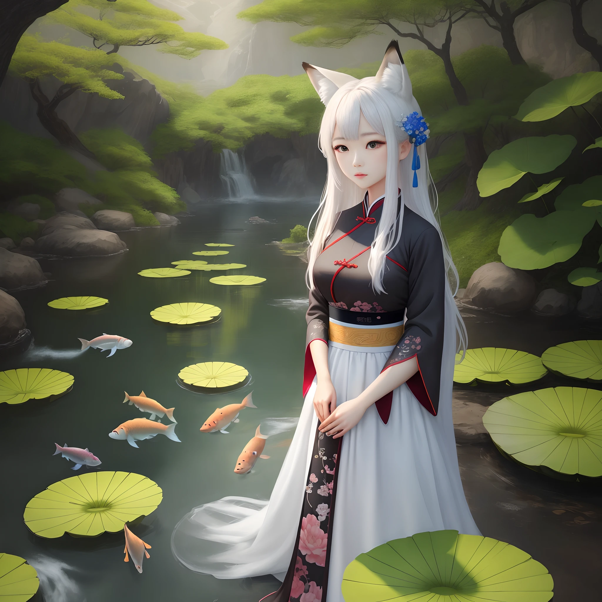 ((4k,masterpiece,best quality)), shuimobysim, Traditional chinese painting, lotuses, Hanfu, maxiskit, dress conservatively 1 girl, 独奏, whaite hair, long whitr hair, fox ear, white colors, 比基尼, The fish, Many fish are close to the girl, looking at viewert, Titillating,nakeness