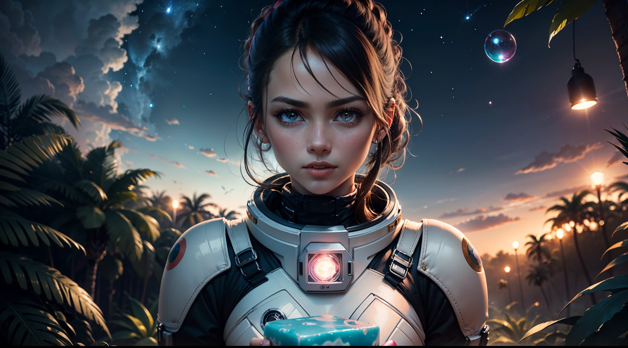 hd masterpiece, one standing women space cadet looking at camera, detailed face, mid shot, diamond suite, colorful clouds and neon soap bubbles, jungles background'