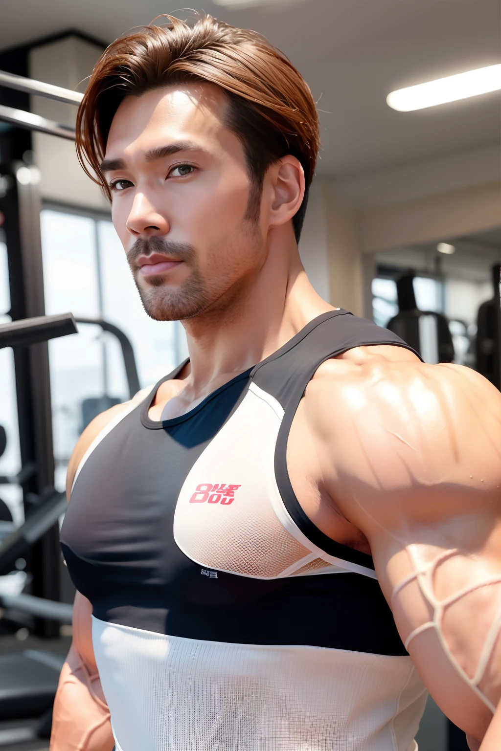 独奏， looking at viewert， short detailed hair，  Keep one's mouth shut， The upper part of the body， malefocus，，musculous， background of a gym， black tanktop， chest muscle， big muscular male， Bala， large pecs， Mature male， Realistis