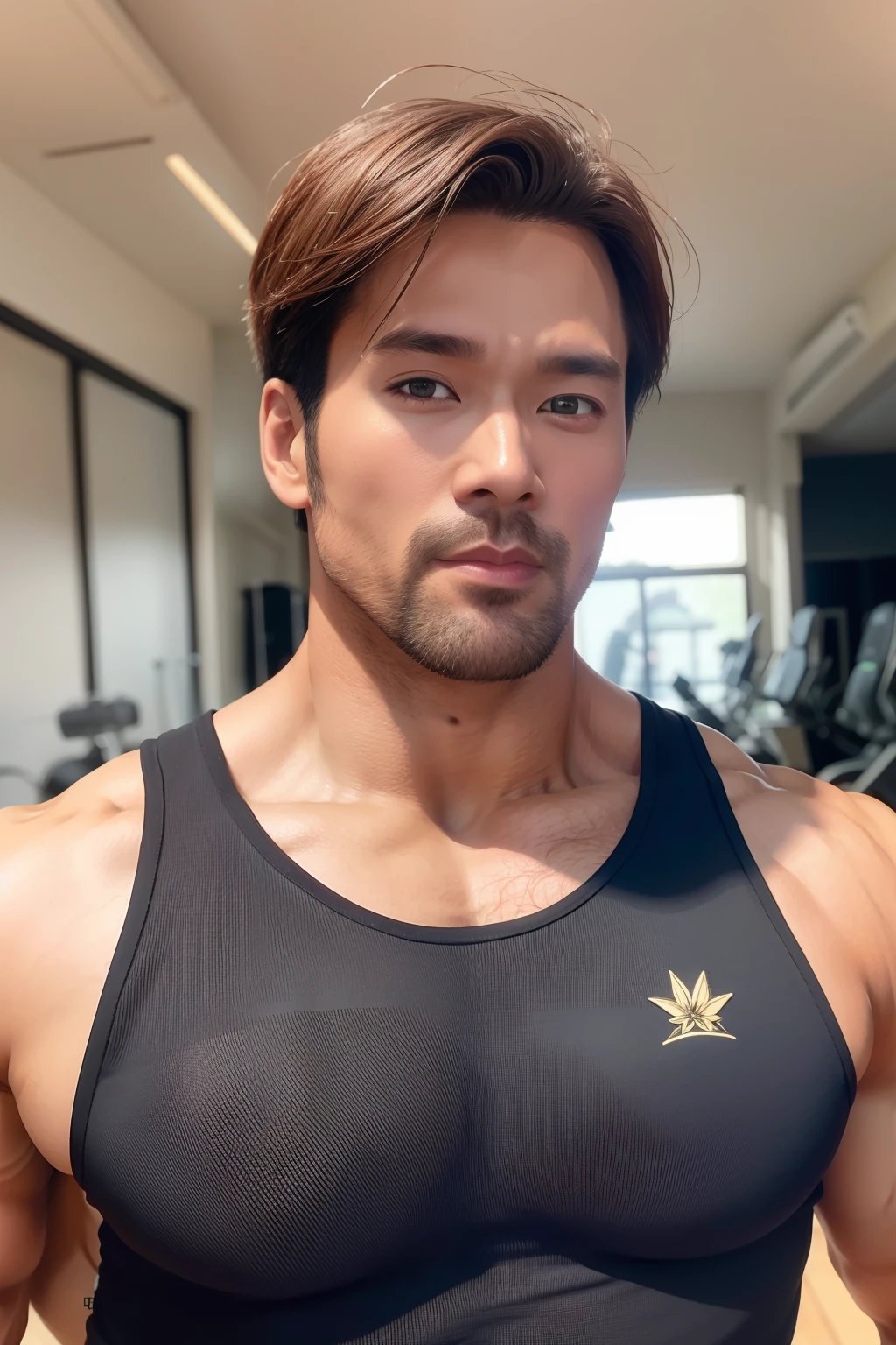 独奏， looking at viewert， short detailed hair，  Keep one's mouth shut， The upper part of the body， malefocus，，musculous， background of a gym， black tanktop， chest muscle， big muscular male， Bala， large pecs， Mature male， Realistis