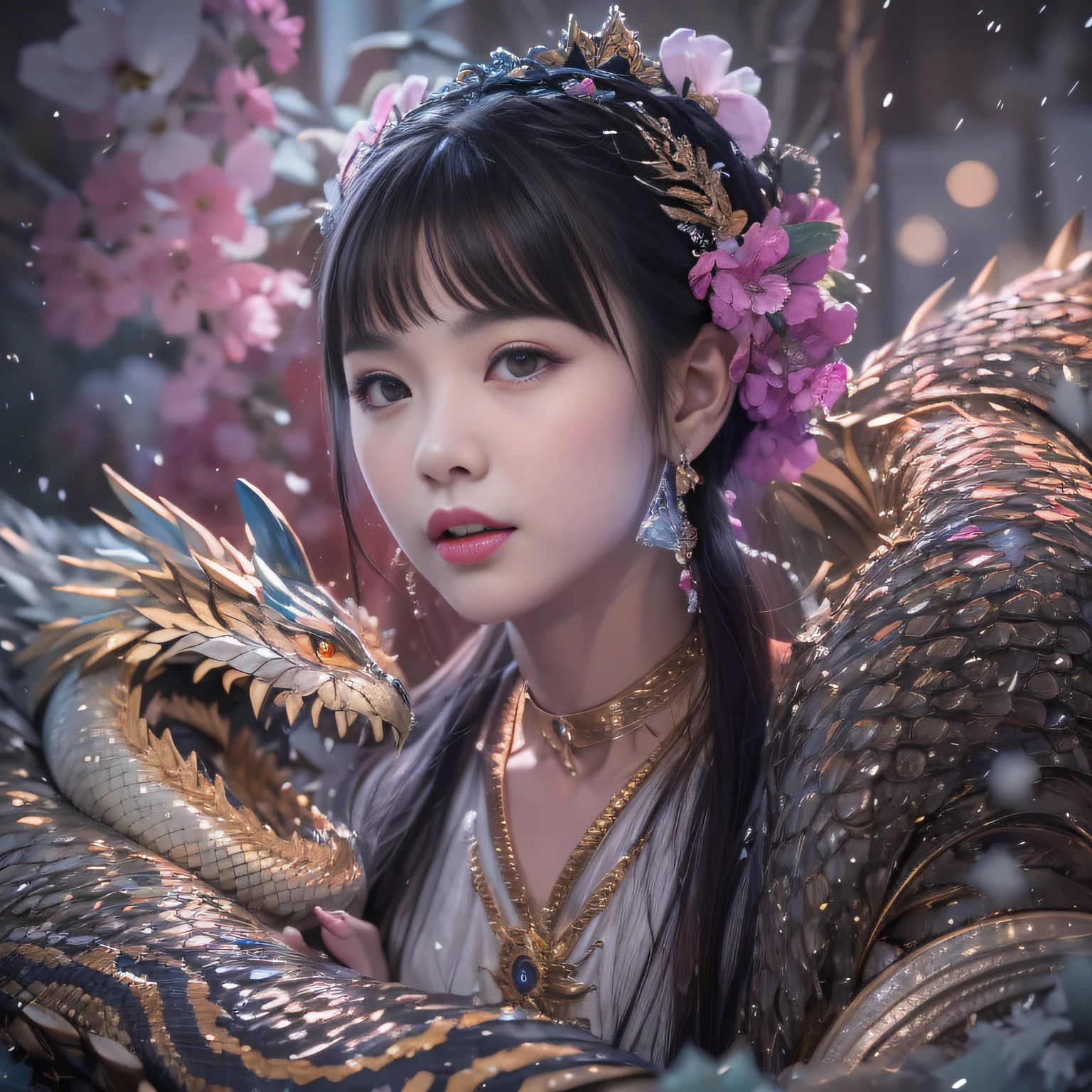 16k（tmasterpiece，k hd，hyper HD，16k）short detailed hair，Vintage train sleeper area，Snow Circle Girl ，Wood Dragon Protector （realisticlying：1.4），Python robe，Purple-pink tiara，Snowflakes fluttering，The background is pure， A high resolution， the detail， RAW photogr， Sharp Re， Nikon D850 Film Stock Photo by Jefferies Lee 4 Kodak Portra 400 Camera F1.6 shots, Rich colors, ultra-realistic vivid textures, Dramatic lighting, Unreal Engine Art Station Trend, cinestir 800，