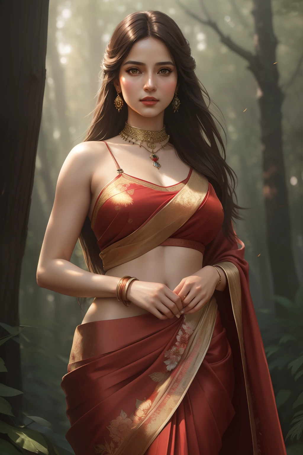 (masterpiece)), (realistic:1.2)), ((photorealistic)), ((brown eyes)), (1 Indian young mature female)), ((silky hair)), (brown skin)), highly detailed skin, beautiful women, dressed in a vibrant red saree with a golden flower design, deep eyes, perfect ???????, perfect hands, perfect breasts, makeup, red lipstick, highly detailed cloth, jewelry, earrings, standing, outdoors, forest, trees, blue sky, perfect cowboy shot, masterpiece, best quality, (1girl, solo, girl:1.2), chromatic aberration, depth of field, soft lighting, (medium big breasts), Studio Ghibli, by Jeremy Mann, Greg Manchess, Antonio Moro, trending on ArtStation, trending on CGSociety, Intricate, High Detail, Sharp focus, dramatic, photorealistic painting art by midjourney and greg rutkowski