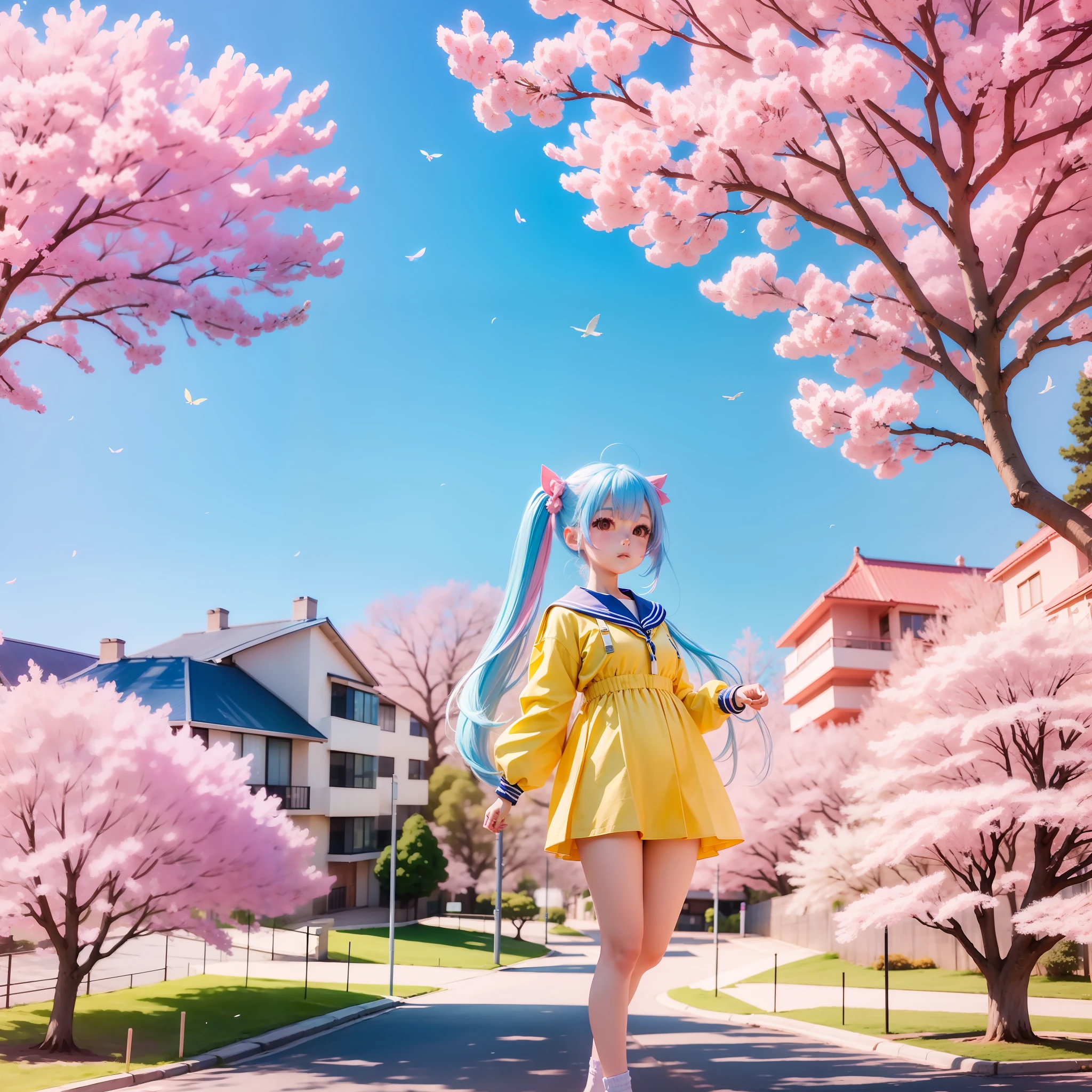Double ponytailed girl,Elevation viewing angle,Yellow-blue gradient hair,Cherry blossom trees in the background,Pink cherry blossoms are flying,The clothes are yellow-blue gradient sailor suits