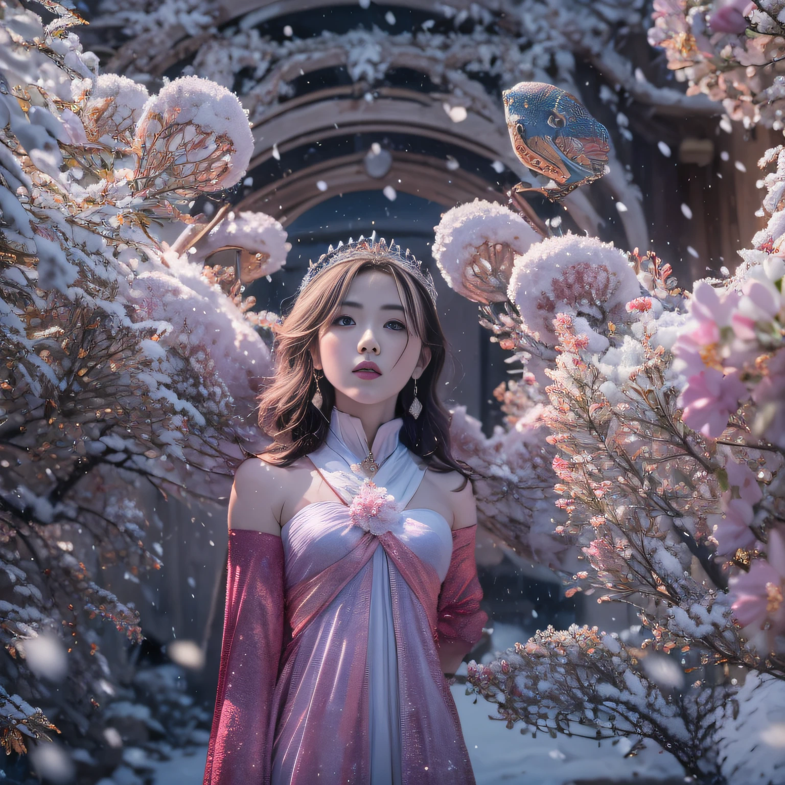 16k（tmasterpiece，k hd，hyper HD，16k）short detailed hair，Vintage train sleeper area，Snow Circle Girl ，Wood Dragon Protector （realisticlying：1.4），Python robe，Purple-pink tiara，Snowflakes fluttering，The background is pure， A high resolution， the detail， RAW photogr， Sharp Re， Nikon D850 Film Stock Photo by Jefferies Lee 4 Kodak Portra 400 Camera F1.6 shots, Rich colors, ultra-realistic vivid textures, Dramatic lighting, Unreal Engine Art Station Trend, cinestir 800，