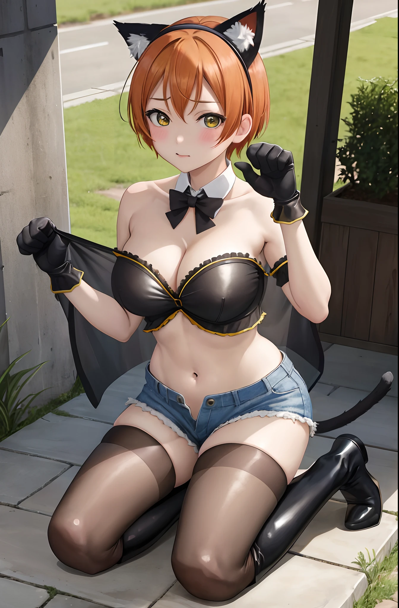 masterpiece, best quality, anime, Hoshizora rin, solo, stockings, orange hair, white collared shirt, short shorts, wide hips, boots, sitting, kneeling, strapless, black stockings, walking, cowboy shot, dutch corner, outdoor, medieval,cat ears,light green eyes, playful,paw pose, blush, cleavage, llchar,thicc,navel,big breasts