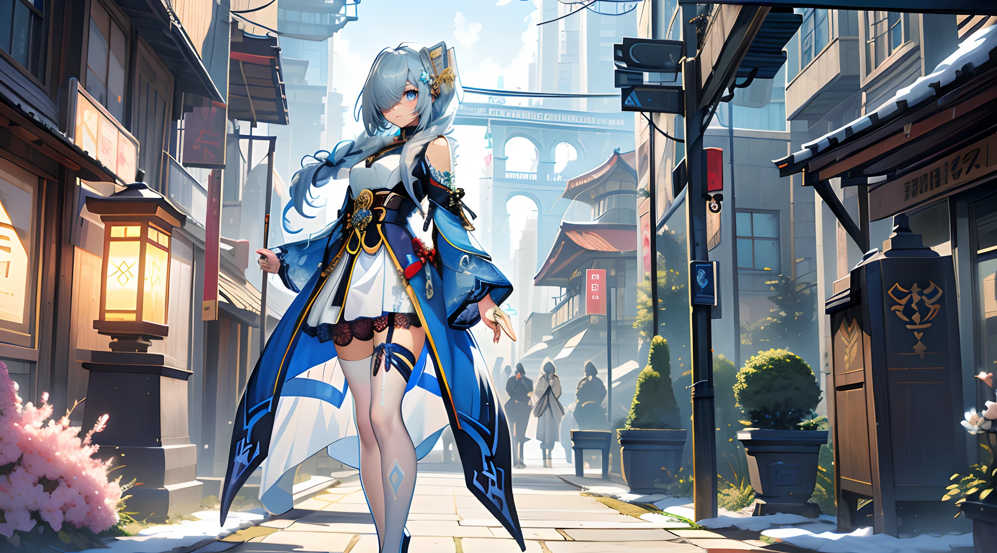 Masterpiece, best quality, super detailed, high resolution), perfect face, side light, shiny skin, standing, white lace, blue theme, fantasy, bikini, lace, white stockings, ((lace trim)), ((string biniki), (bloom), (shine), lighting, ray tracing, ((science_fiction)), outdoor, depth_of_field, Night, winter, shenhe \(genshin impact\), silver eyes, hair over one eye, (hair ornament), chest curtain, high heels, long hair, braids, normal five fingers without extra focal length 1:1
