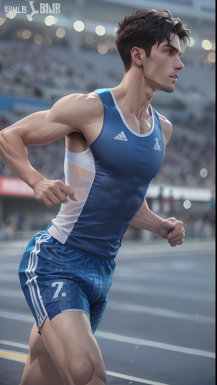 There was a man in a blue shirt running around the track, wearing track and field suit, sprinting, athletic tall handsome guys, spikes on the body, Bulging muscles, wearing a vest, exaggerated muscle physique, wearing a vest, Open V chest clothes, Exaggerated muscles, atheletic body, musculous, Sprinters participate in competitions