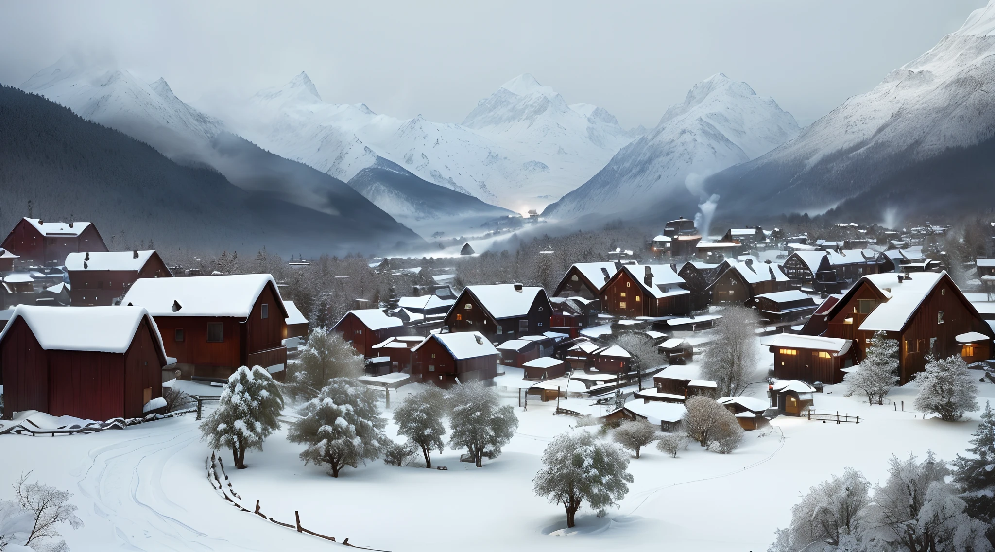 From a distance, the snow-covered wooden houses and villages At dusk, the dim lights inside the houses A few wisps of cooking smoke from the smoke pipe