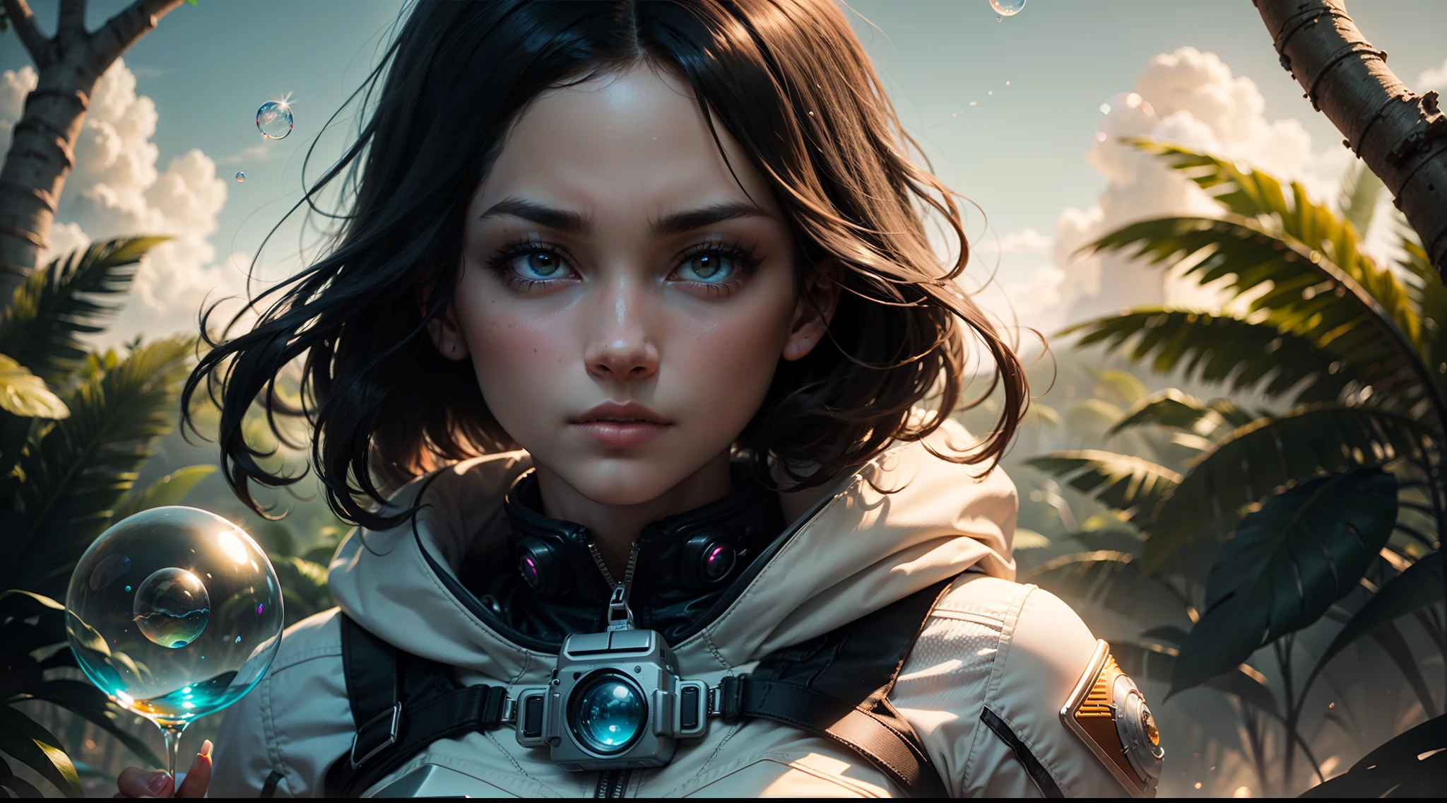 hd masterpiece, one standing women space cadet looking at camera, detailed face, mid shot, diamond suite, colorful clouds and neon soap bubbles, jungles background'