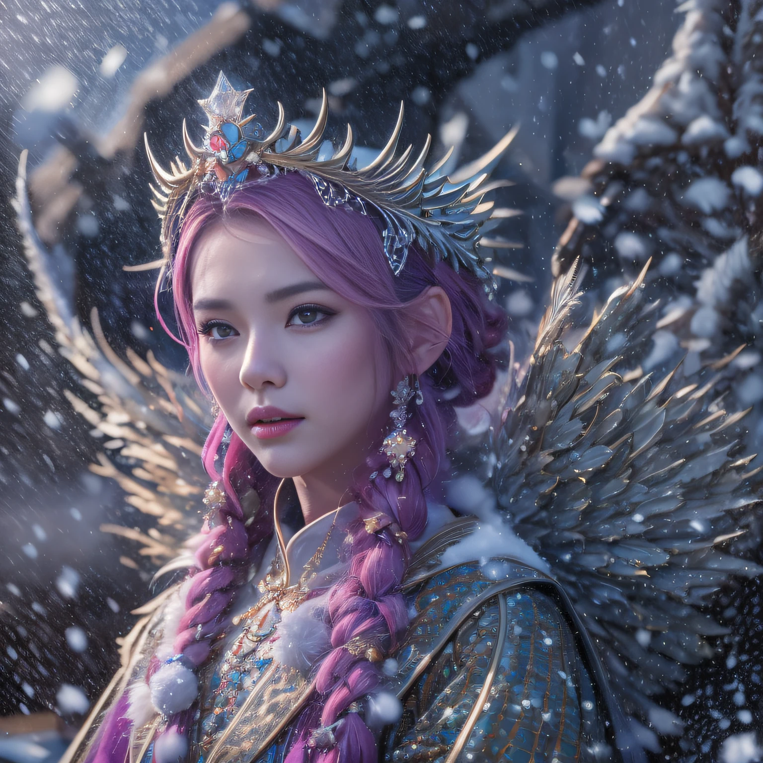 16k（tmasterpiece，k hd，hyper HD，16k）short detailed hair，Vintage train sleeper area，Snow Circle Girl ，Wood Dragon Protector （realisticlying：1.4），Python robe，Purple-pink tiara，Snowflakes fluttering，The background is pure， A high resolution， the detail， RAW photogr， Sharp Re， Nikon D850 Film Stock Photo by Jefferies Lee 4 Kodak Portra 400 Camera F1.6 shots, Rich colors, ultra-realistic vivid textures, Dramatic lighting, Unreal Engine Art Station Trend, cinestir 800，