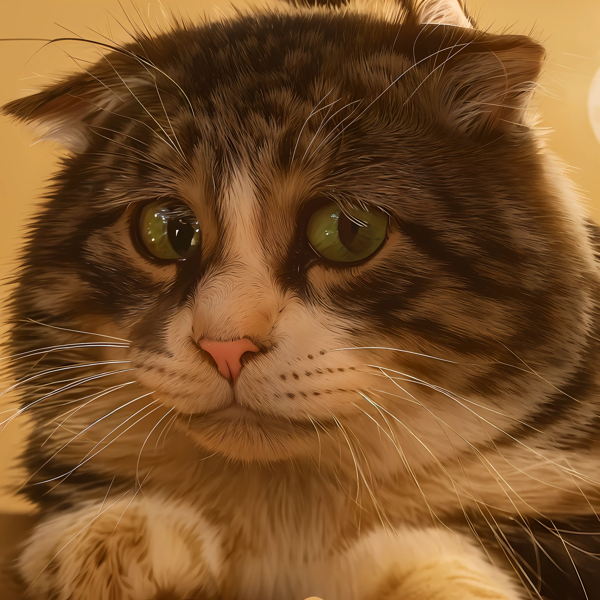 There was a cat sitting，sad cat, he has a devastated expression, with small nose, squinting，Looking at the lower right corner, realistic anime cat, Looking confused，Resentful eyes