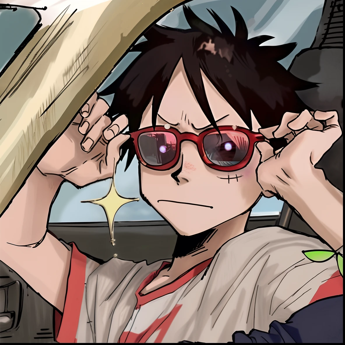 Anime boy in sunglasses holding a baseball bat in his hand, Luffy, monkey d. Luffy, Eiichiro Oda style, inspired by Eiichiro Oda, monkey d luffy, Luffy (One Piece, luffy from one piece, portrait of luffy from one piece, style of eiichiro oda, he wears an eyepatch, kentaro miura manga art style, luffy dressed as naruto