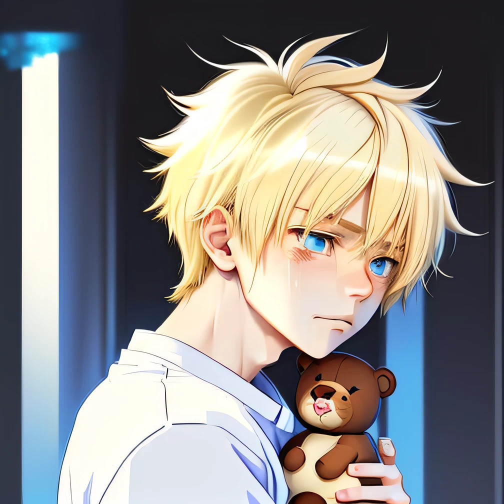 Anime boy with teddy bear in his arms, tchibi, he is sad, giga chad crying, [[[[grinning evily]]]], Loli, Very sad, tired and haunted expression, tired haunted expression, avatar with a blond hair, Also, with a sad expression, blond boy, with huge luminous sad eyes, he has a devastated expression
