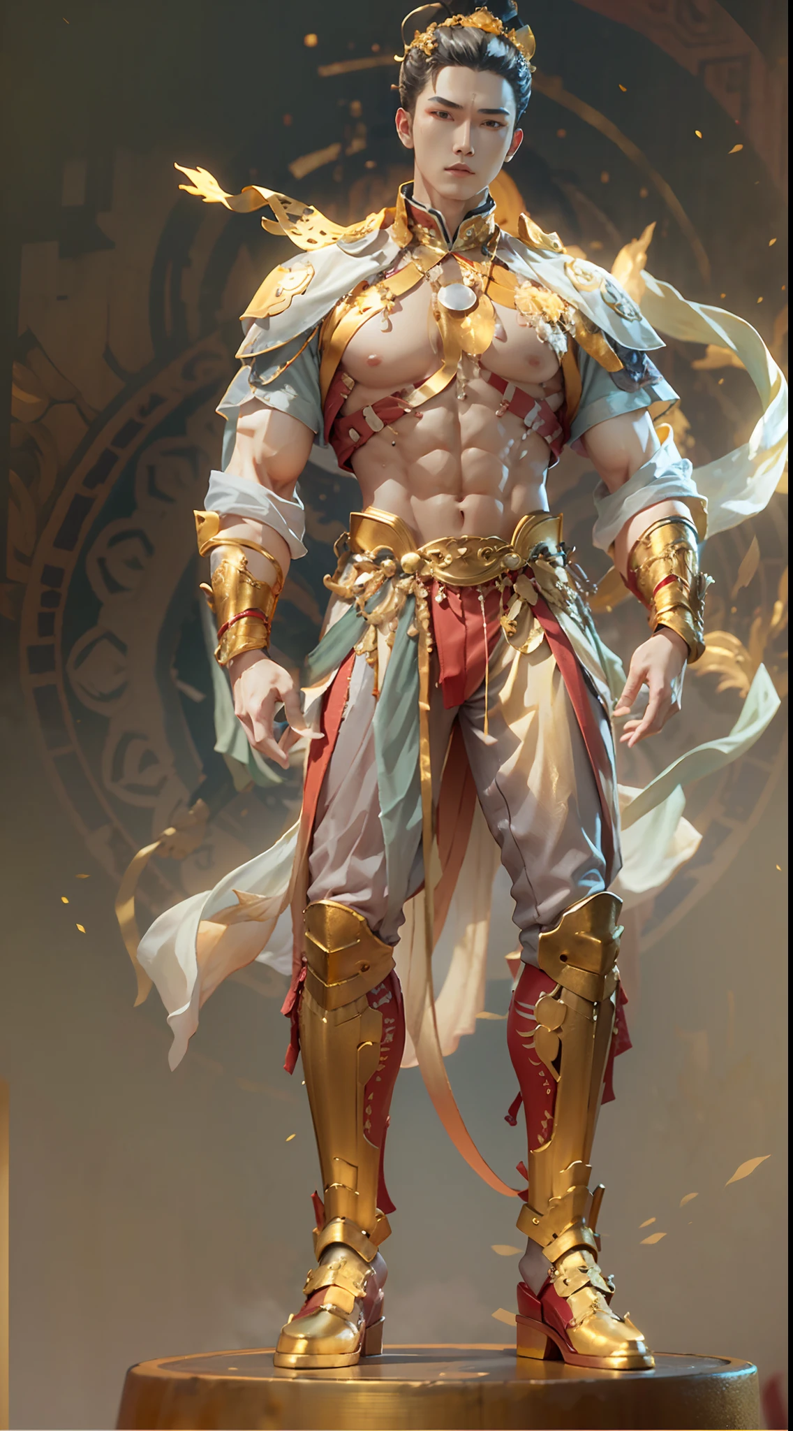Sculpture design,Figures,GK model,(The whole body of the character),Expose muscles,(sexy for),(Exquisite base),The colors of the clothes are gold and white,Transparent texture,Wu Yifan,musculous